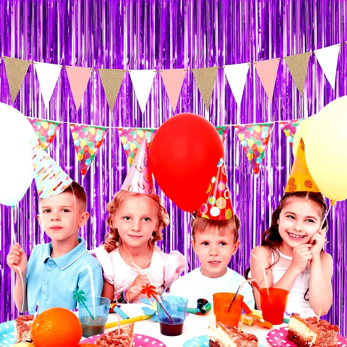 4 Pack Purple Foil Fringe Curtain Backdrop, 3.3Ft x 9.8Ft Metallic Tinsel Foil Fringe Streamers