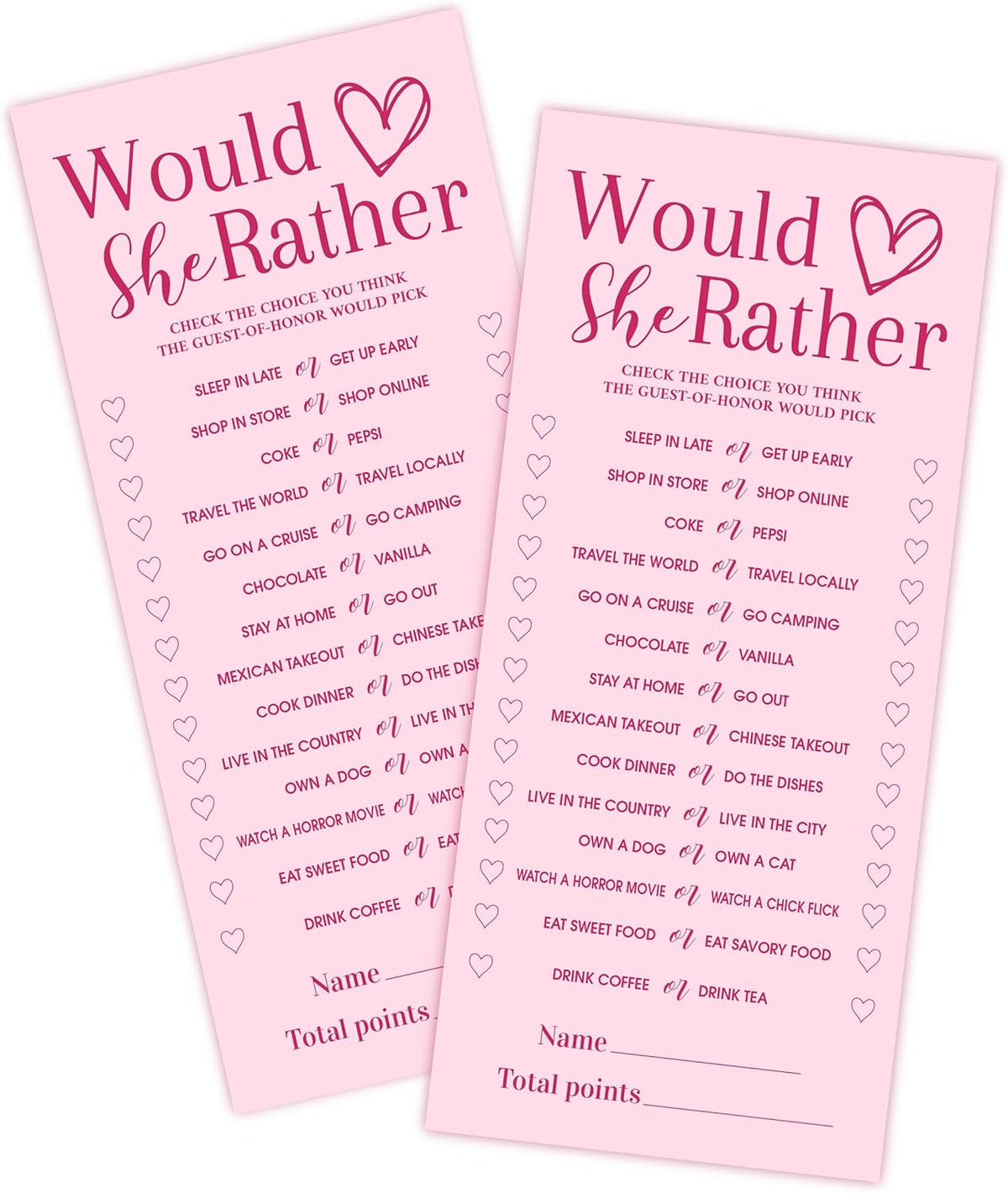 4x9 Inch Wedding Shower Games Cards, Would She Rather, Pink Bridal Shower Games for 25 Guests