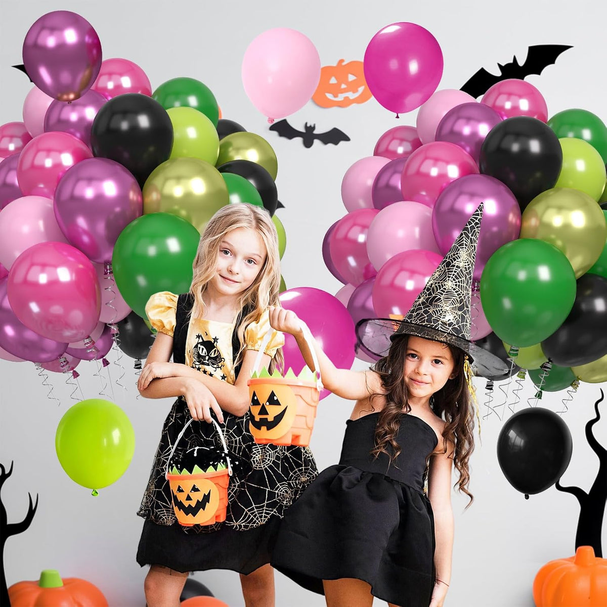 60PCS Black Pink Green Balloons, Hot Pink Dark Light Green Black Latex Balloon, Metallic Red Witch