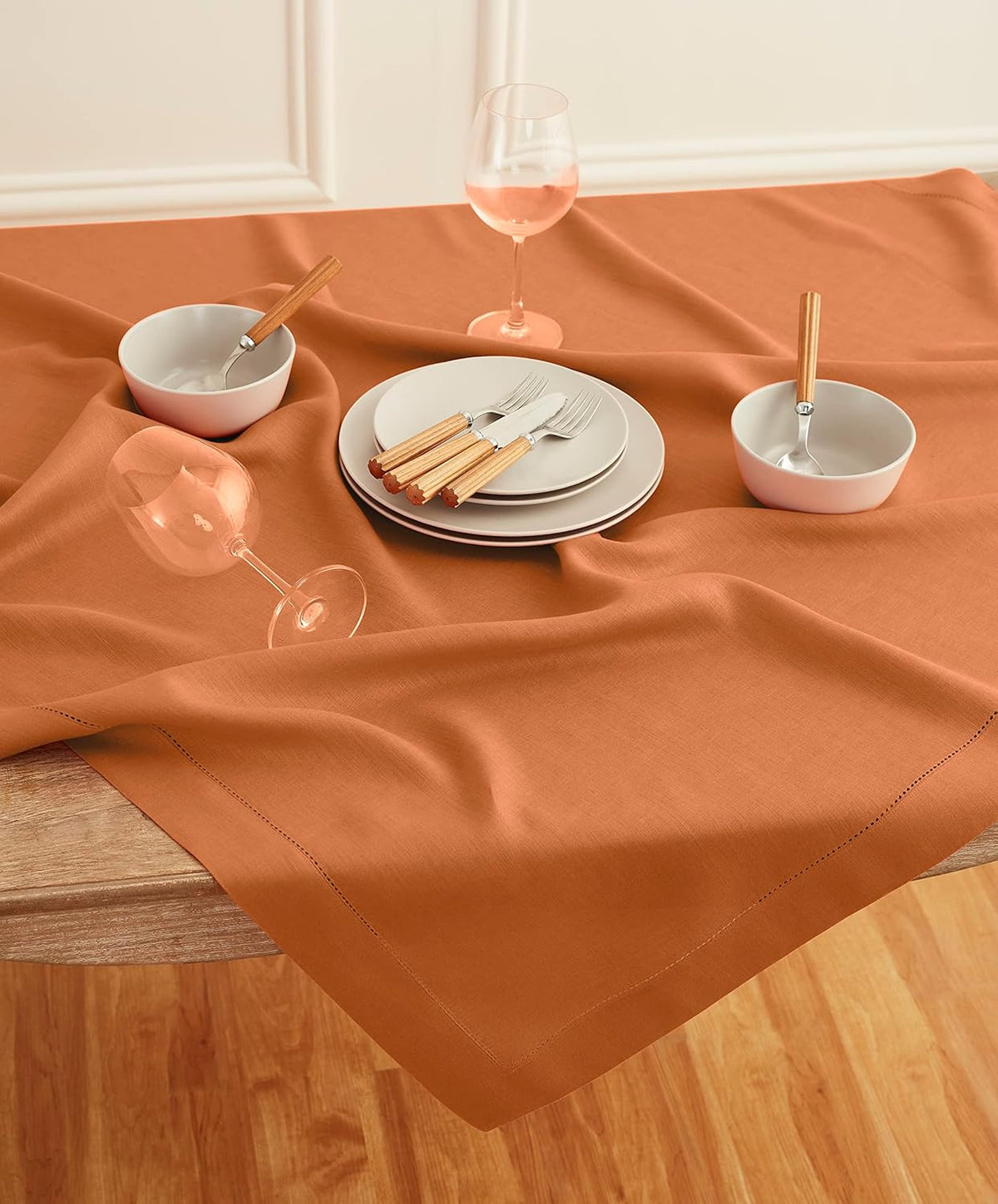 Solino Home Linen Square Tablecloth 52 x 52 Inch - 100% Pure Linen Pumpkin Table Throw - Classic