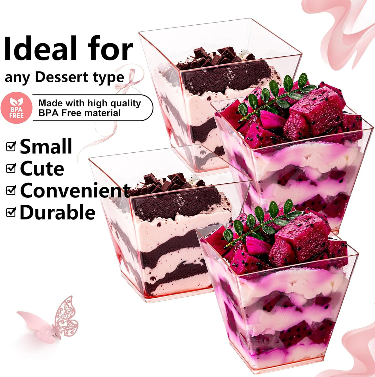 YOUBET 102 PCS Plastic Dessert Cups - 8oz Pink Clear Square Cups - 51 Pack Mini Appetizer Cup with