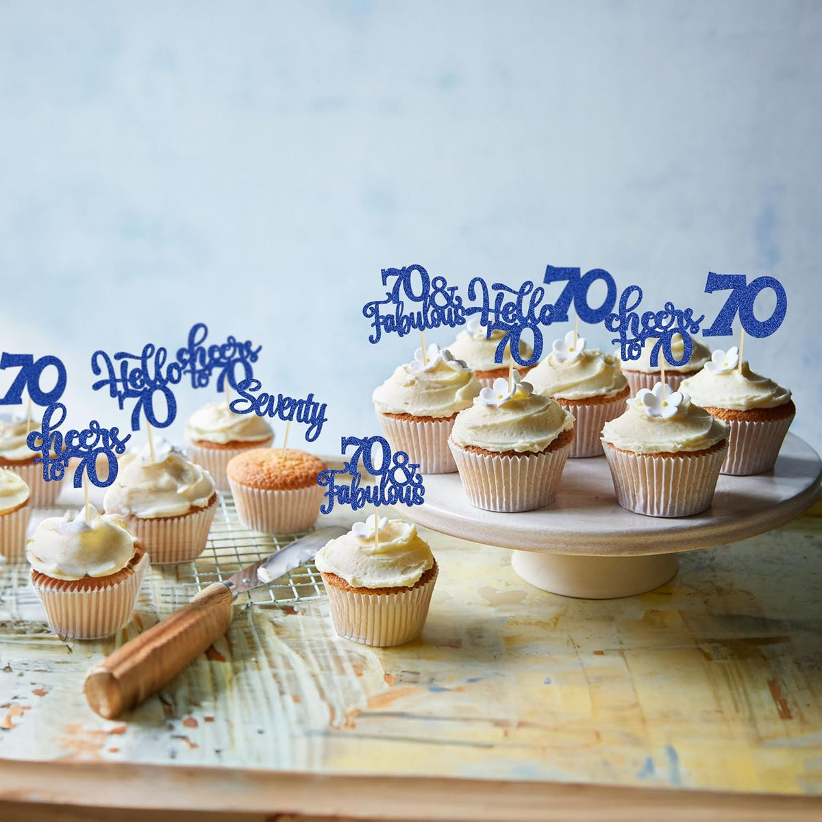 30Pcs Happy 70th Birthday Cupcake Toppers Seventy Cheers to 70 Years Old Birthday Cupcake Picks for