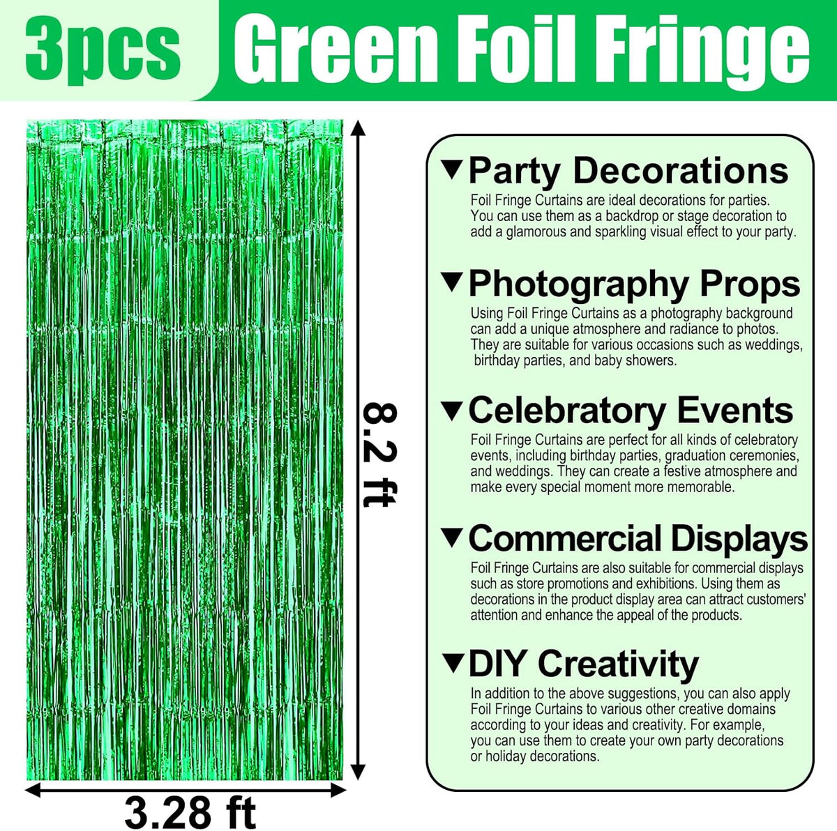 3 Pack Green Foil Fringe Curtain Backdrop, 3.28Ft x 8.2Ft Metallic Tinsel Foil Fringe Streamer