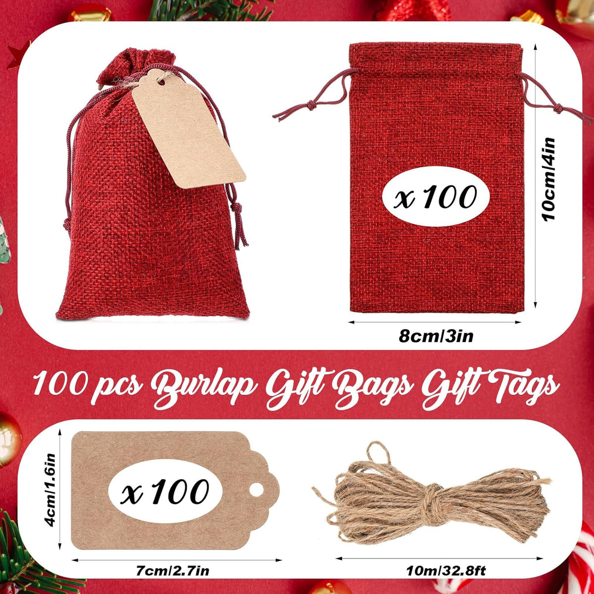 Woanger 100 Pcs Burlap Gift Bags with 100 Pcs Kraft Paper Gift Tags Drawstring Favor Bulk Burlap