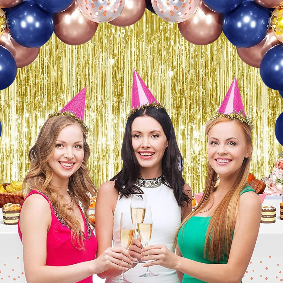 TONIFUL 2Pcs Gold Metallic Tinsel Foil Fringe Curtains,Gold Photo Booth Backdrop Streamer Curtain