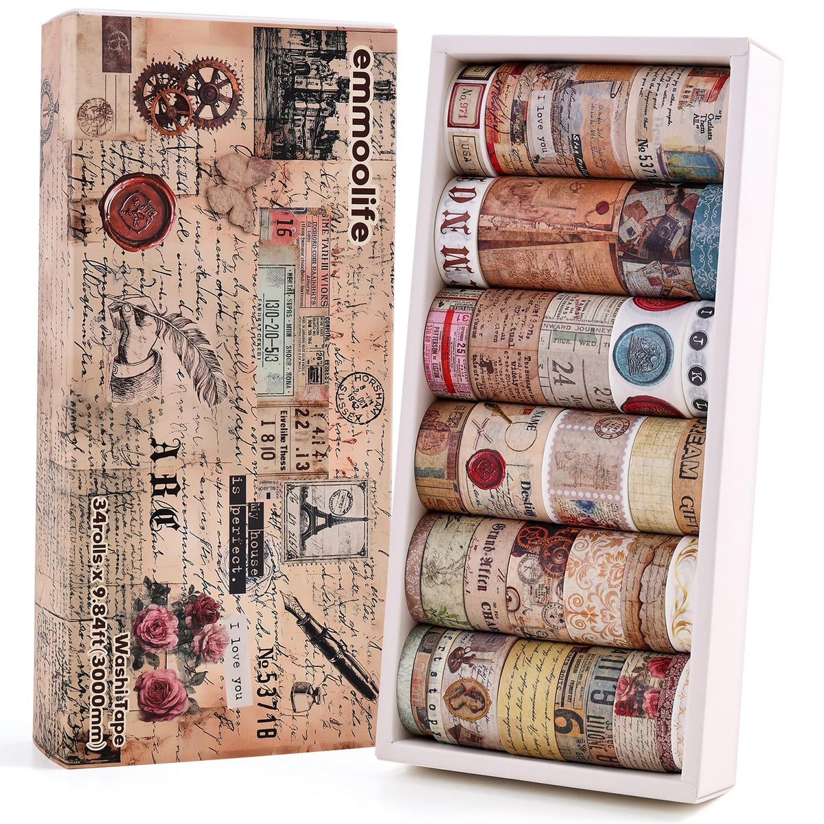 34 Rolls Vintage Washi Tape Set,Letter Map Stamp Stripe Literature Art Writable Aesthetic Washy