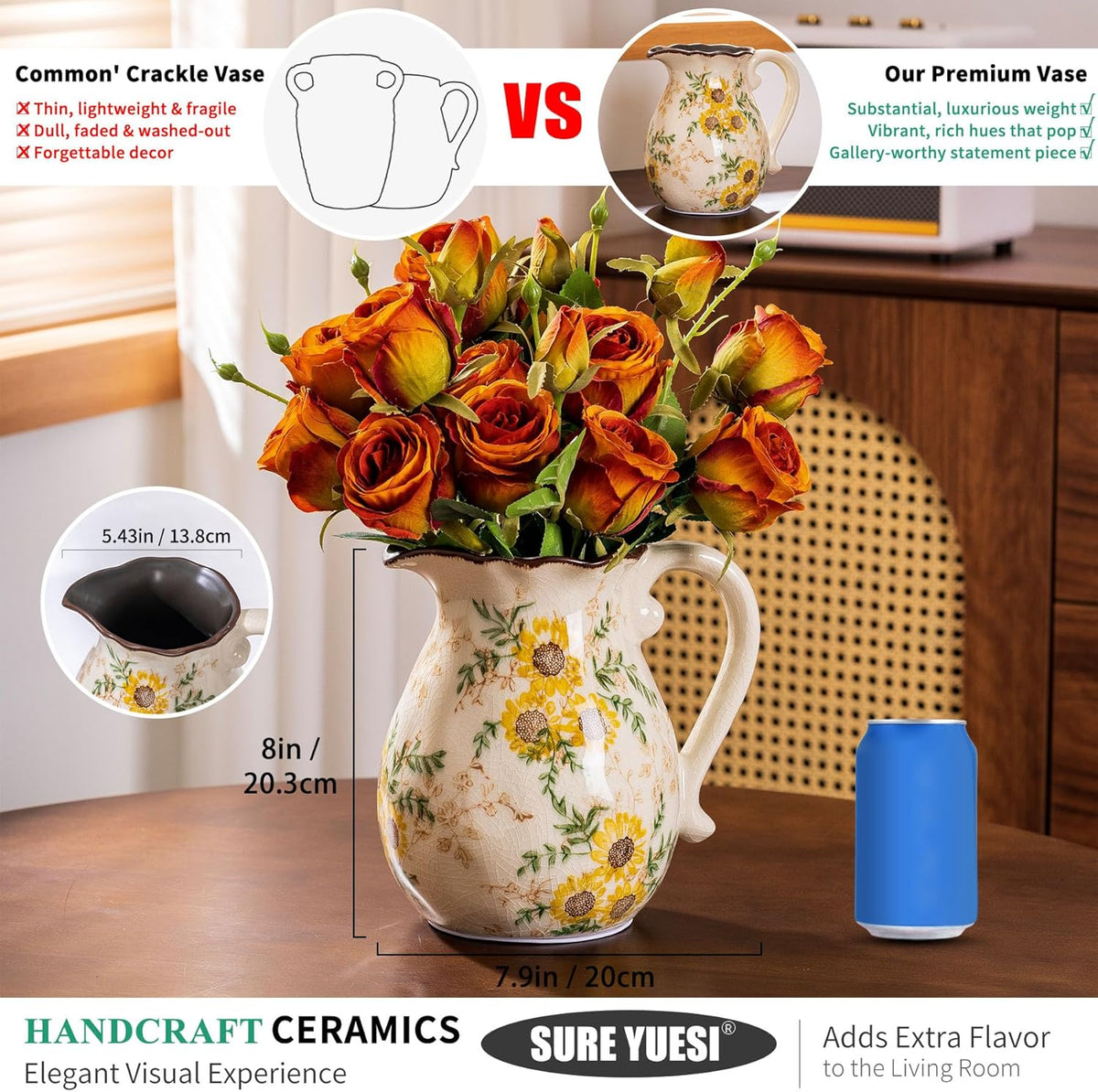 Sunflower Vintage Ceramic Yellow Floral Vase with Handle, Chinoiserie Floral Pitcher Vase, Rustic