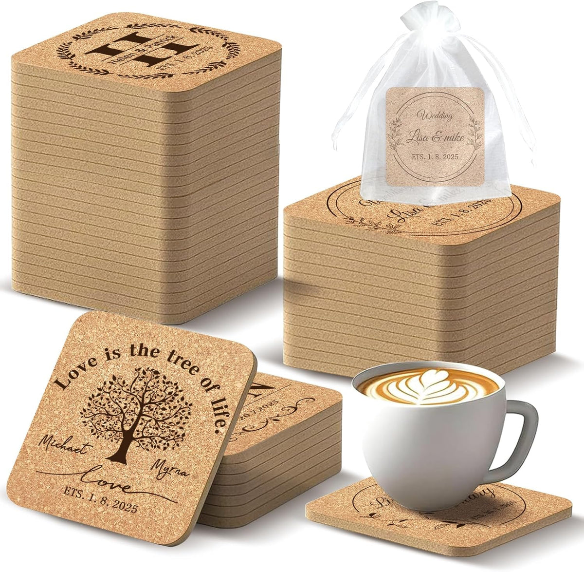 Custom Coasters Personalized Cork Coasters Bulk with Logo Wedding Personalized Cork Natural Wood