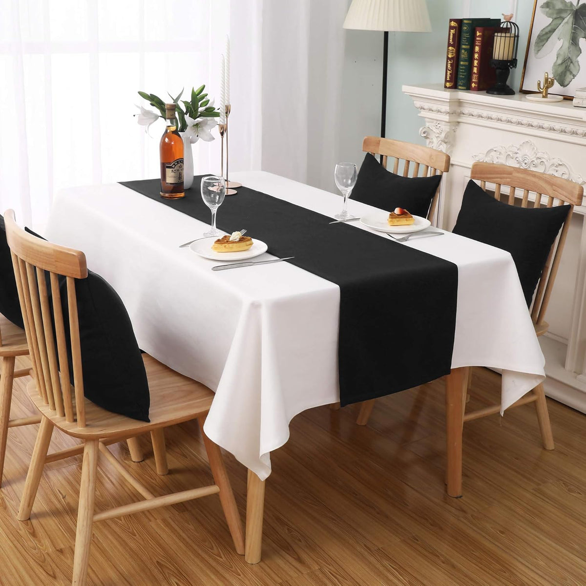 DUALIFE Jet Black Table Runner 14x72 inch Solid Color Thick Polyester Decorative Cloth Handcrafted