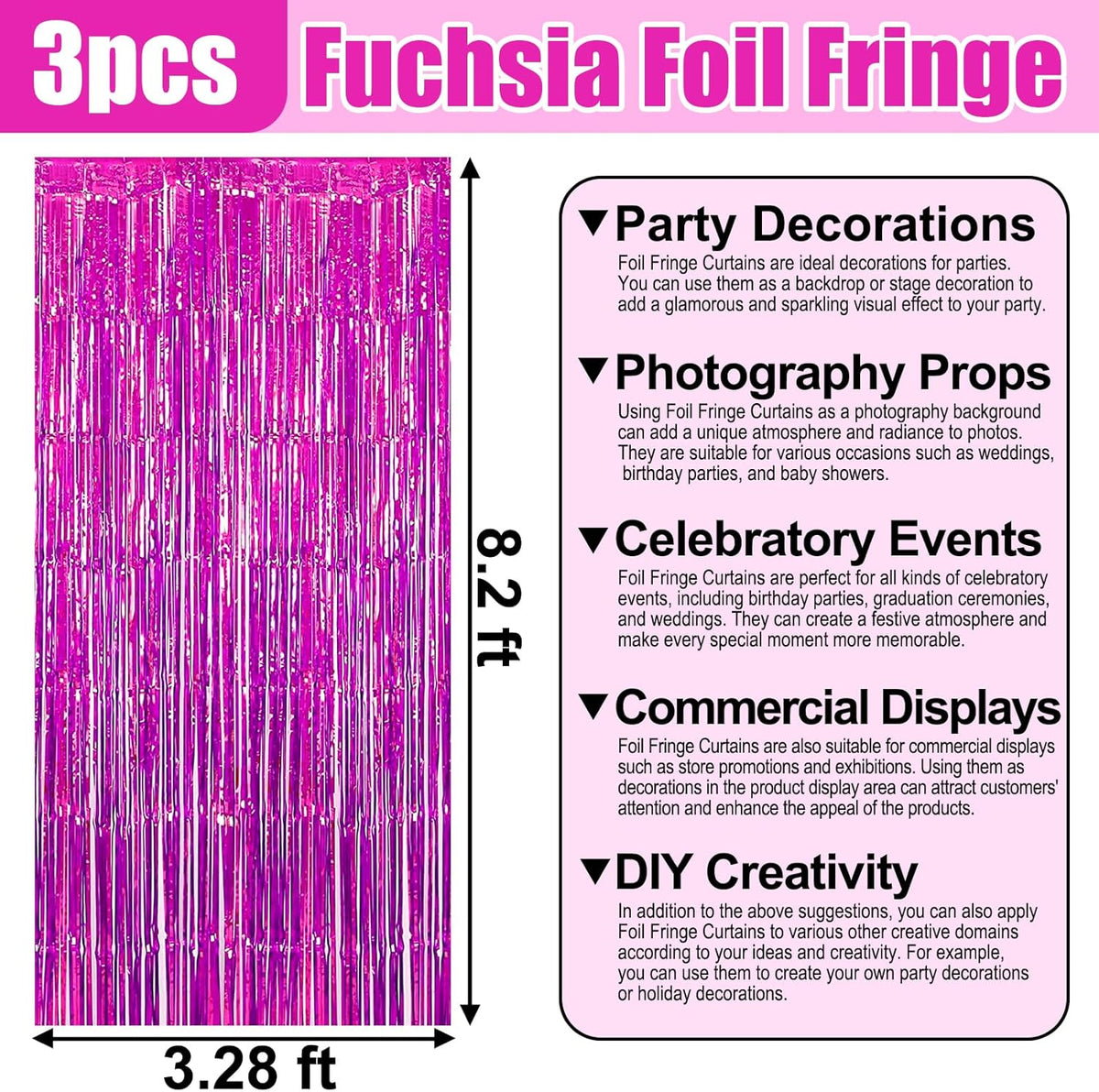 3 Pack Rose Red Foil Fringe Curtain Backdrop, 3.28Ft x 8.2Ft Metallic Tinsel Foil Fringe Streamer