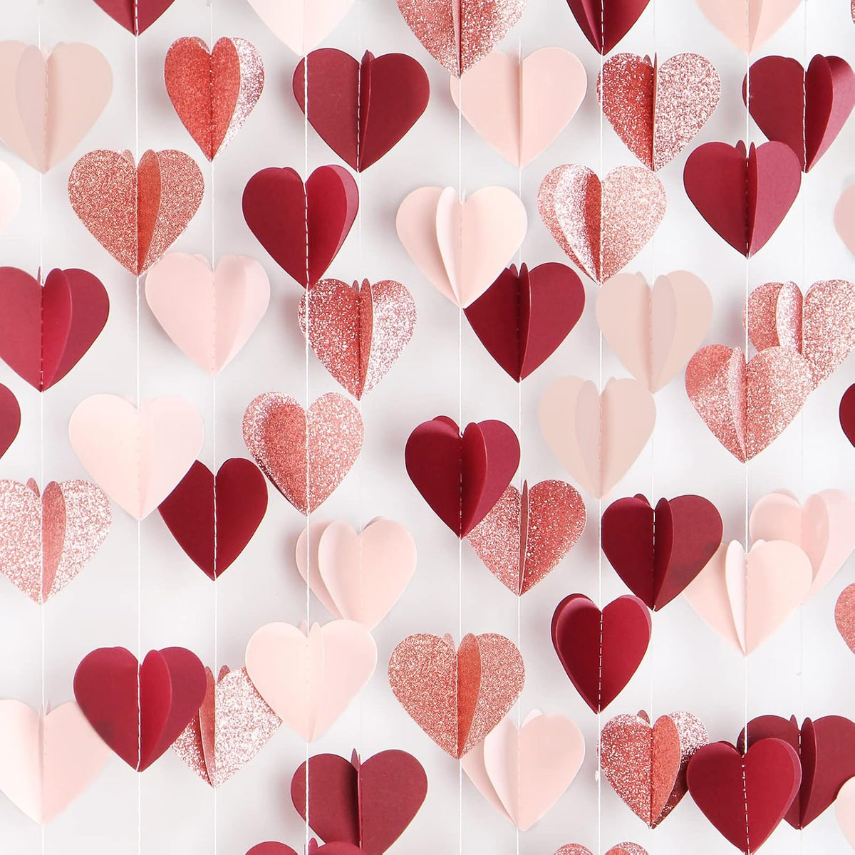 Rose-Gold Pink Burgundy-Red 3D-Heart Garland - 39Ft Party Decorations Hanging Paper Streamers