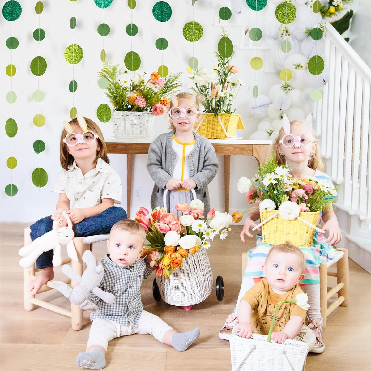 8 Pack Green Glitter Dot Garland, Hanging Circle Streamers Banner, Backdrop Hanging Decorations for