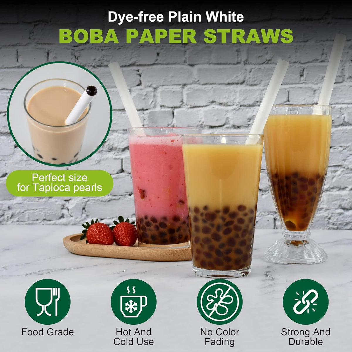 9 Inch Individually Wrapped Disposable White Paper Boba Straws, Bubble Tea Straws 100 Counts
