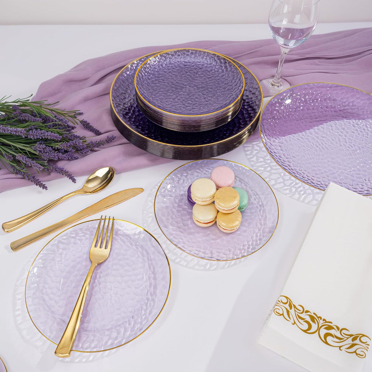 Rubtlamp 175 Pcs Purple Plastic Dinnerware Set (25 Guests), Clear Purple Plates With Gold Rim