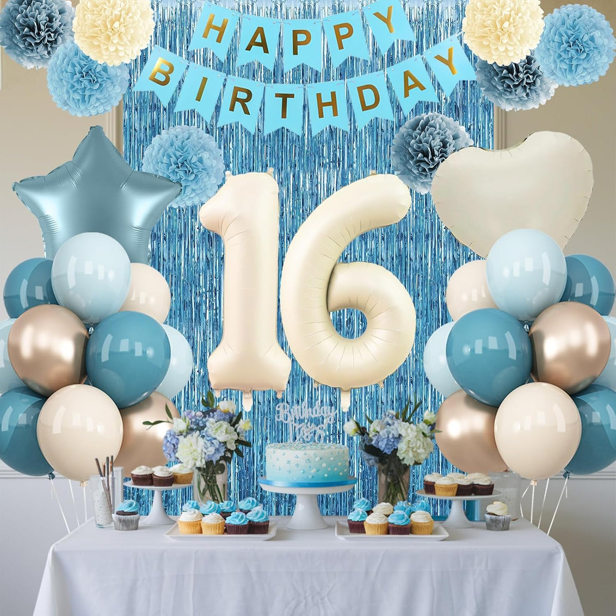 Dusty Blue 16th Birthday Party Decorations Boys Girls Beige Cream Number 16 Balloon with Blue Gold