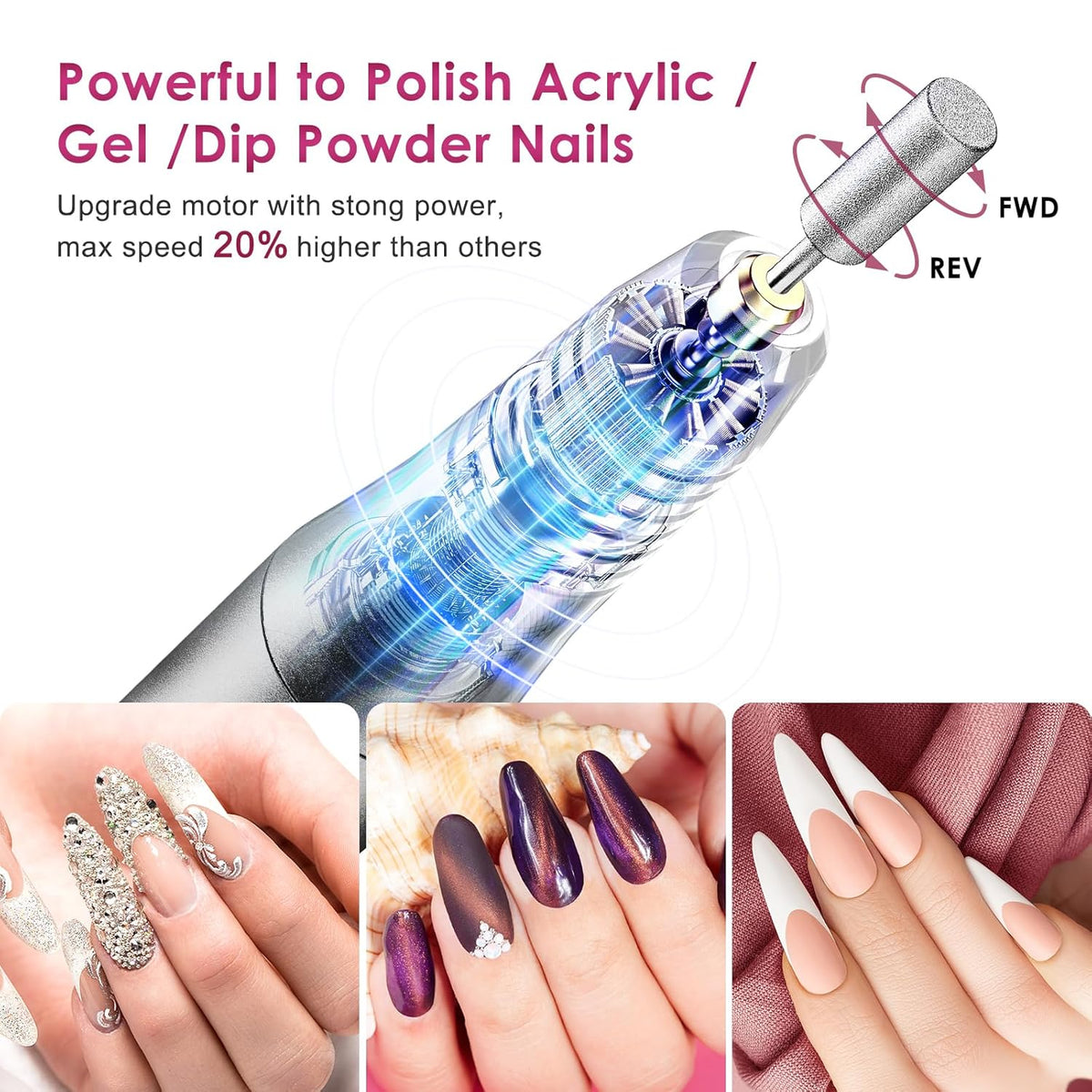 COSLUS Cordless Nail Drill Electric File: Professional for Acrylic Gel Dip Powder Nails Portable