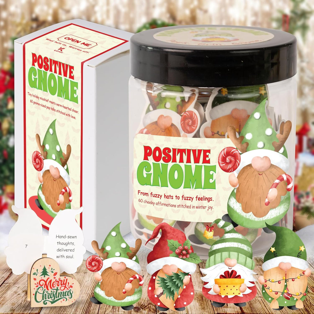 Positive Gnome Jar – 60 Funny Emotional Support Gnome, Christmas Gifts for Teens, Women, Men