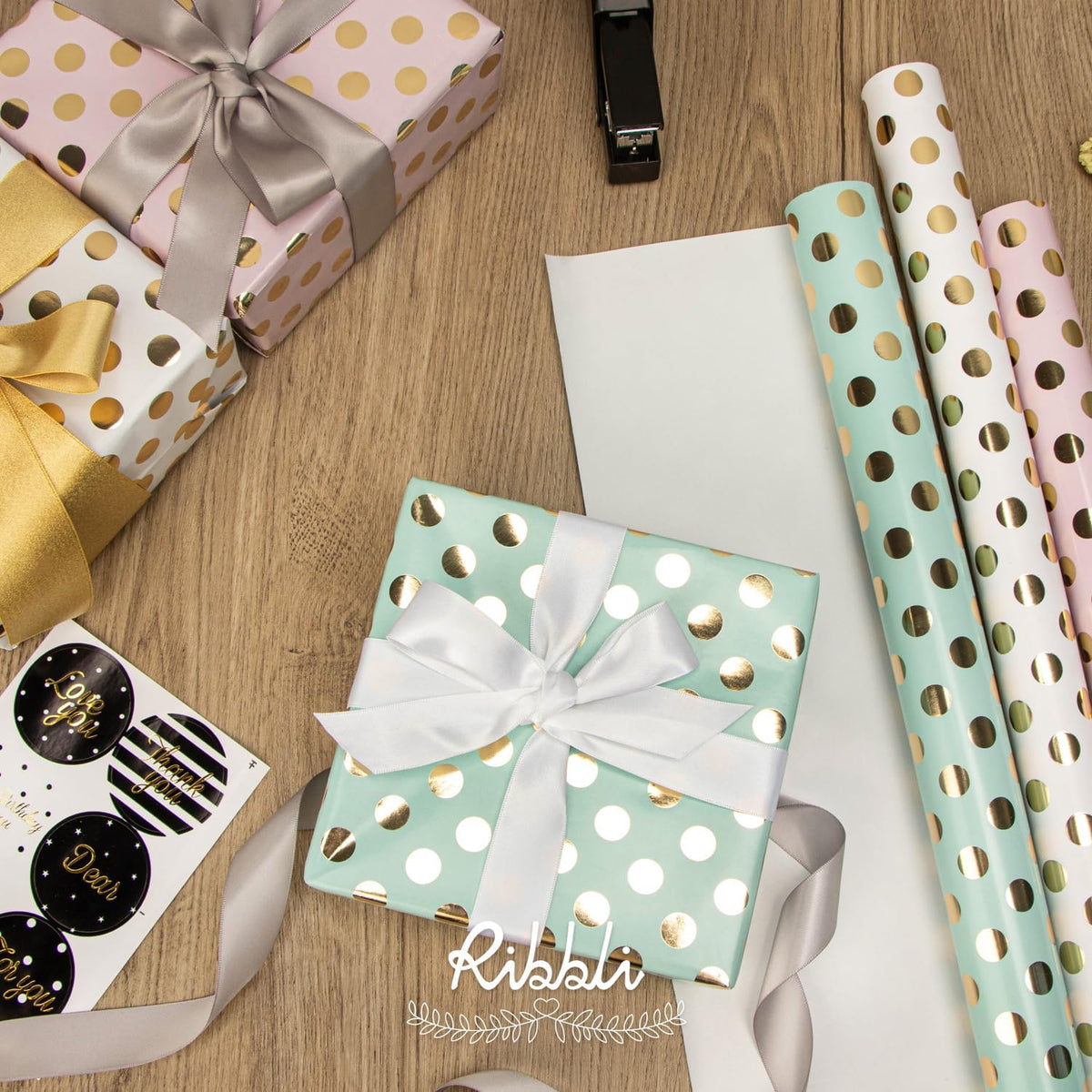 Ribbli Birthday Wrapping Paper Polka Dots Gift Wrap for Baby Shower Roll, 3 Rolls Pink White Blue
