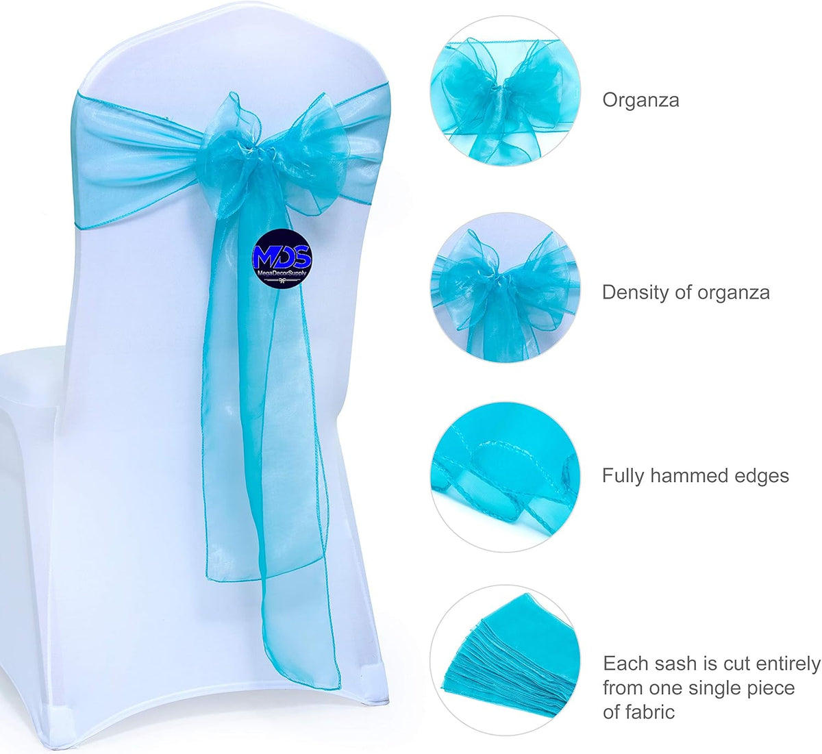 MDS Pack of 200 PCS Organza Chair Sashes Wider Dining Chair Bows Ribbon Tie Back for Wedding Party