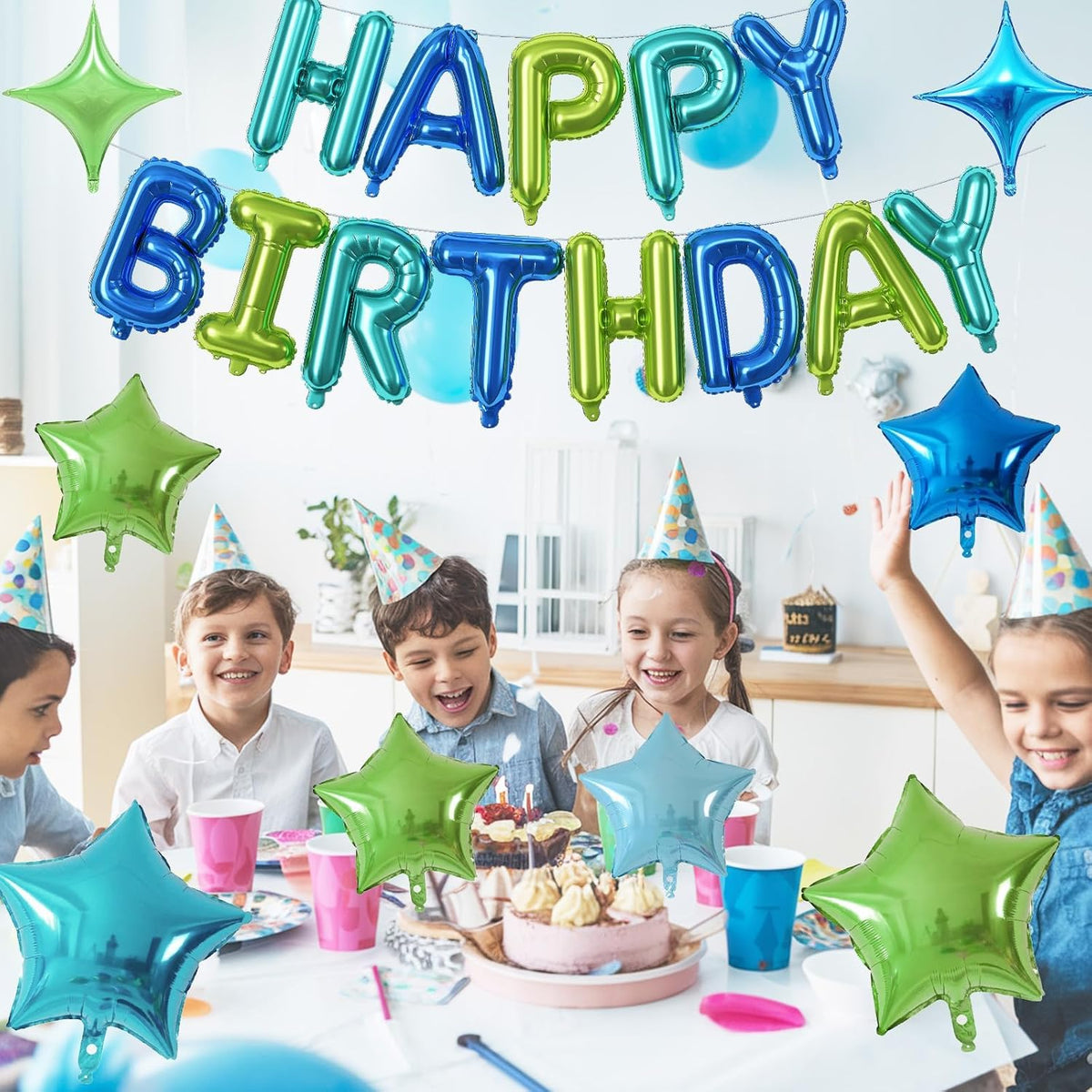 Happy Birthday Balloon Banner Blue Green, 16 Inch Mylar Foil Letter Balloons, Reusable Birthday