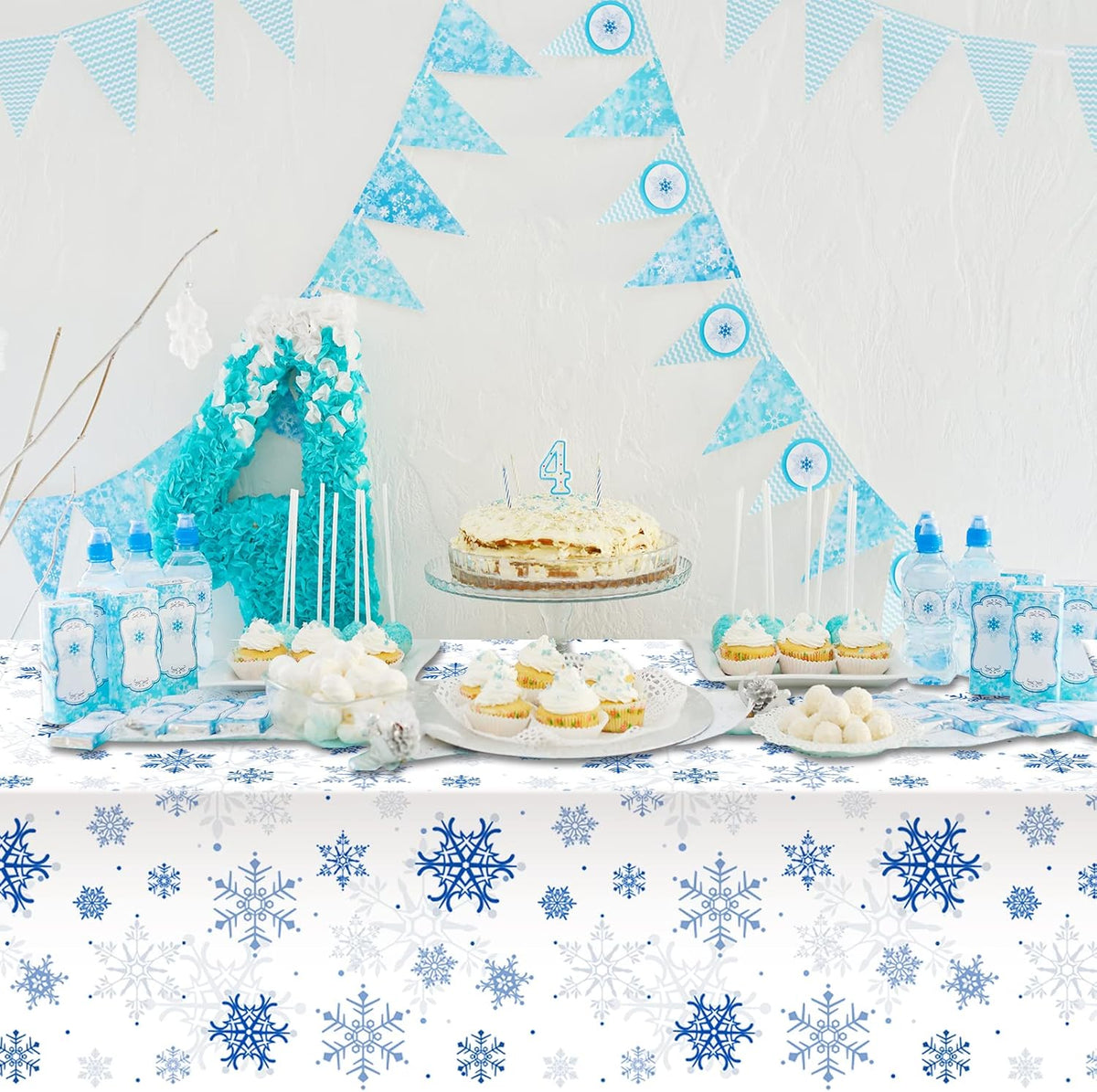3 Pieces Snowflake Christmas Party Tablecloth Decorations,Plastic White Snowflake White Blue Xmas