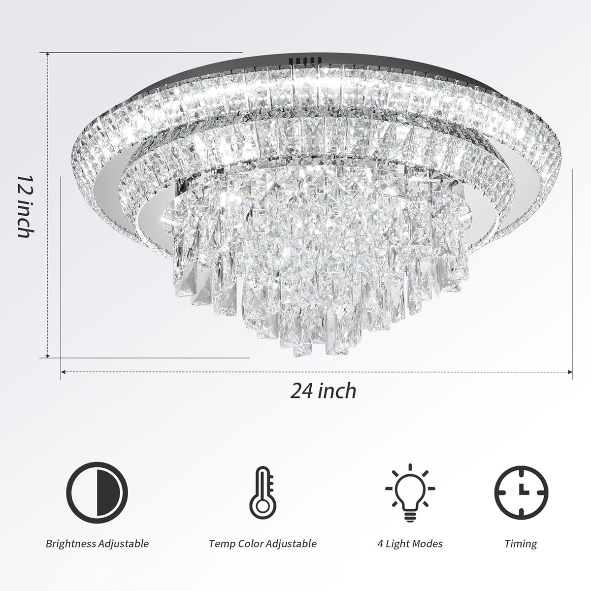 24 inch Crystal Silver Ceiling-Light Flush Mount with Remote Control and APP, 3CCT Dimmable &