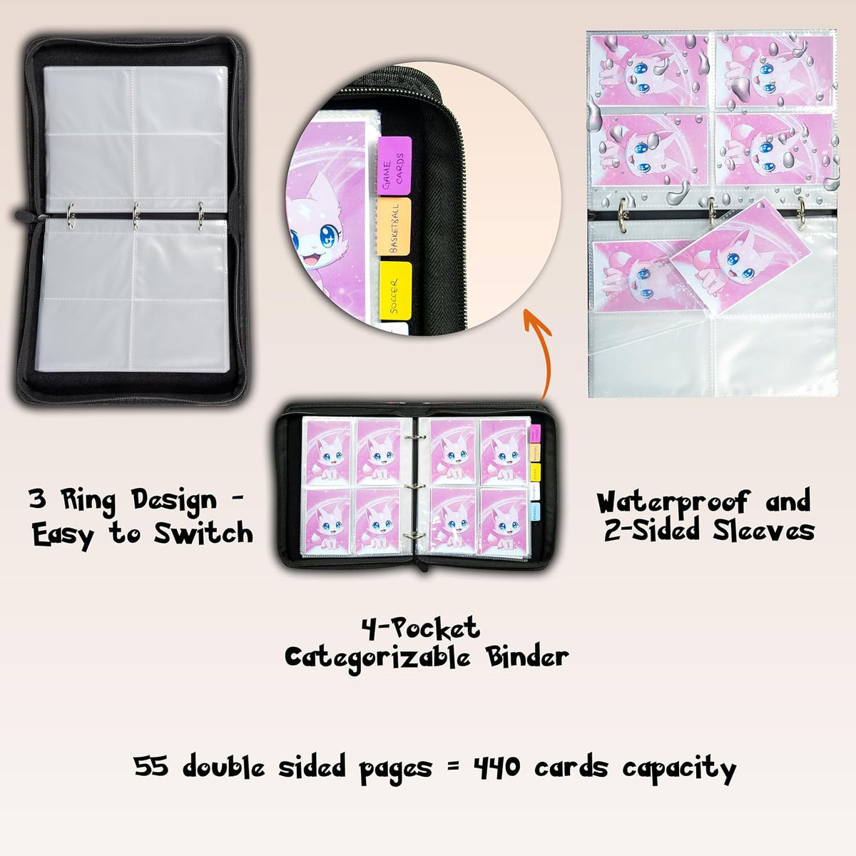 Cute Pink Trading Card Binder 4 Pocket for Girls Gifts - Includes Name Tag & Tab Stickers for