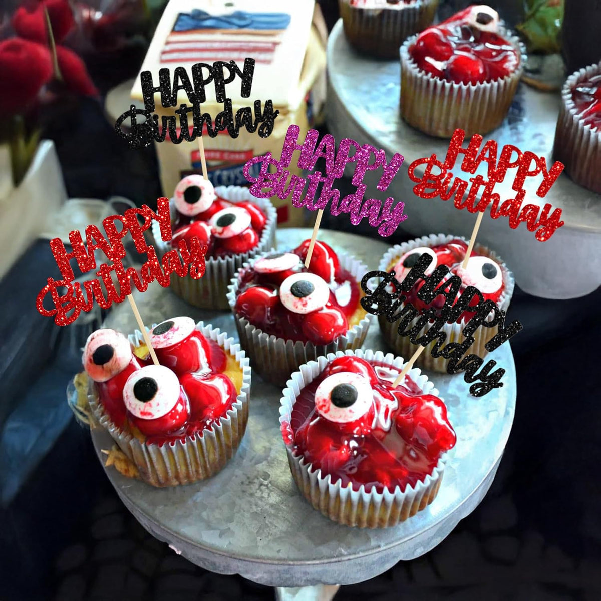 Gyufise 24Pcs Happy Birthday Cupcake Toppers Glitter Birthday Cupcake Food Picks for Celebrating