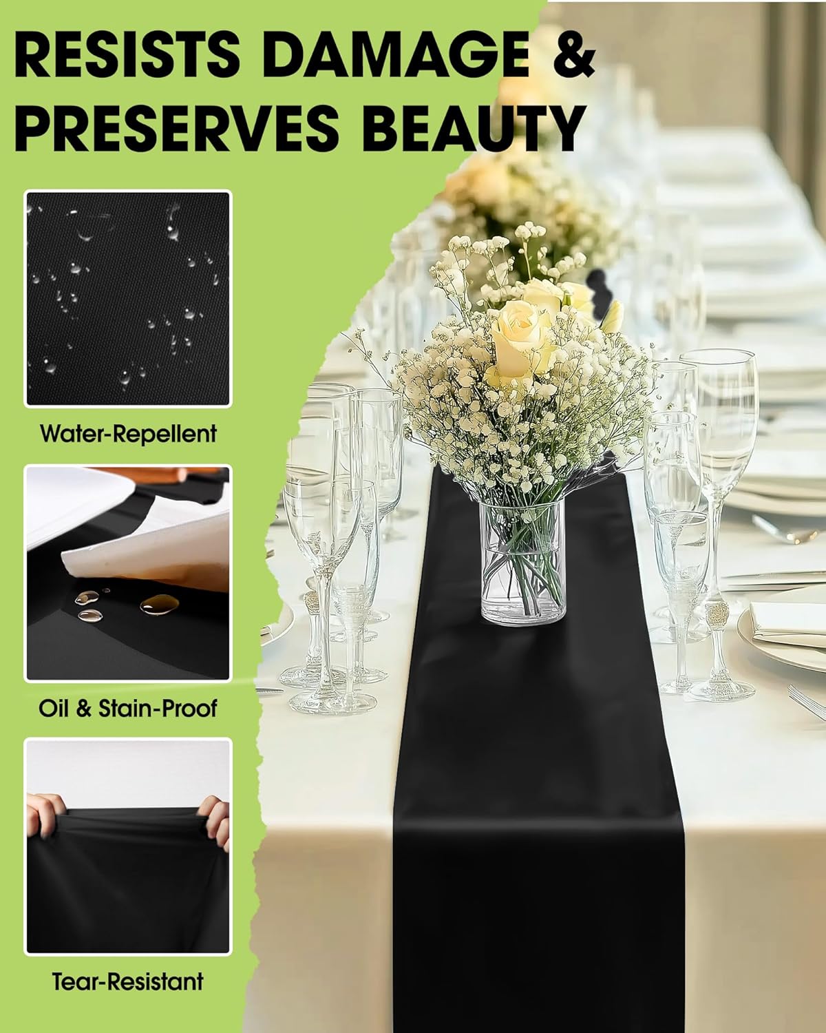 Pureegg Black Plastic Table Runners - 10 Pack, 14'' x 108'', Water Resistant & Disposable