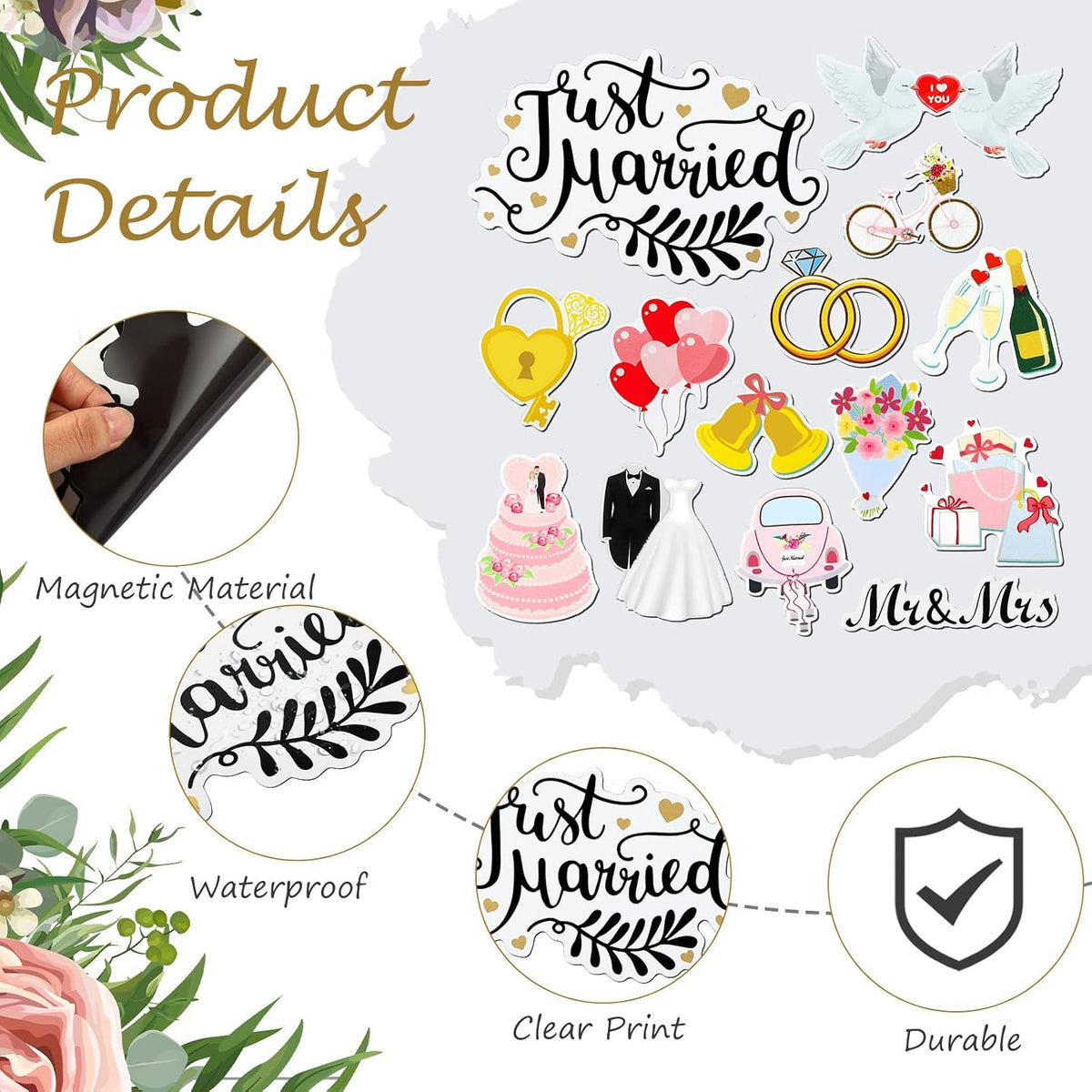 16 Pcs Just Married Car Decorations Include 14 Assorted Ornate Car Magnets Just Married Window