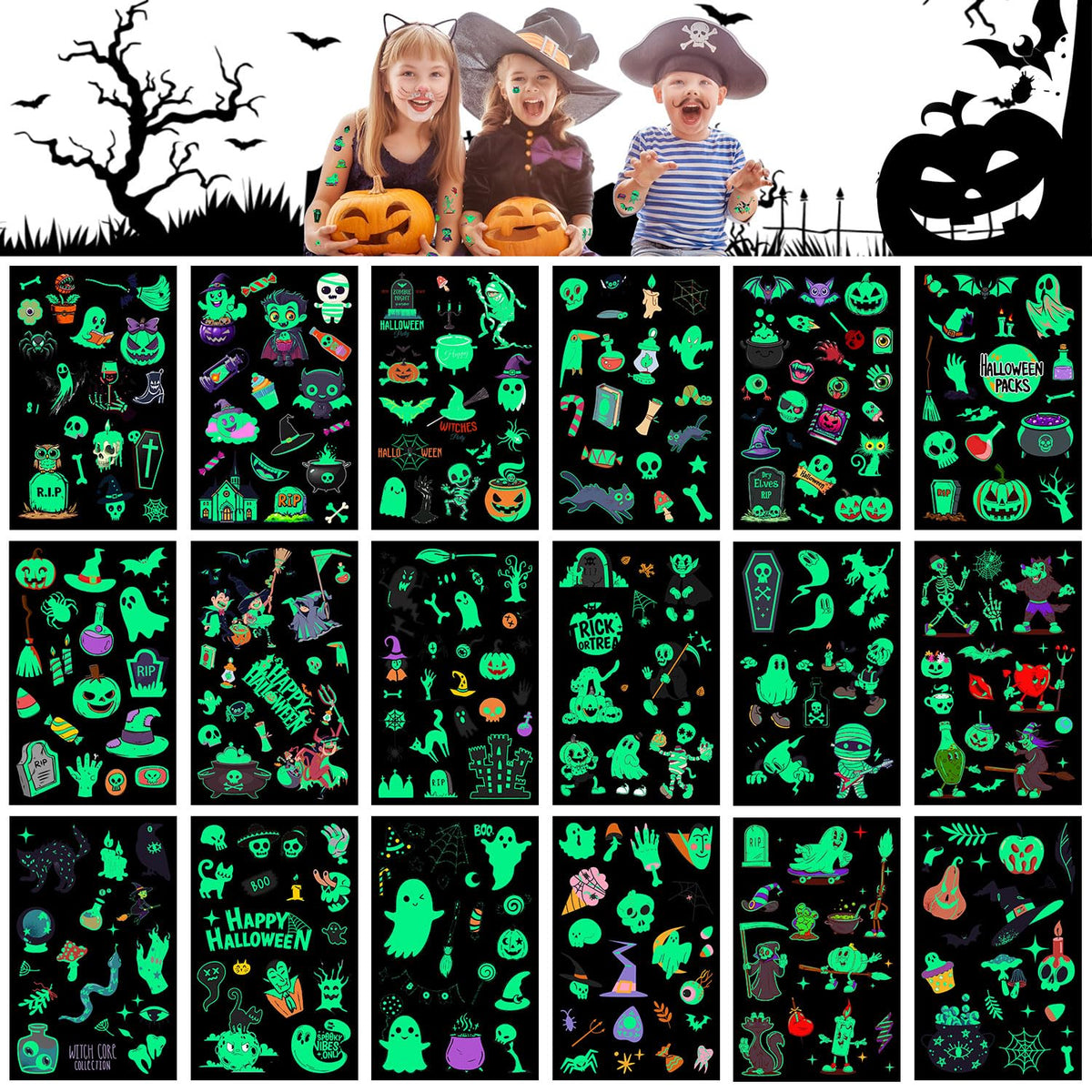 LOMIMOS 320PCS Glow in The Dark Halloween Temporary Tattoos for Kids, Waterproof Scary Removable