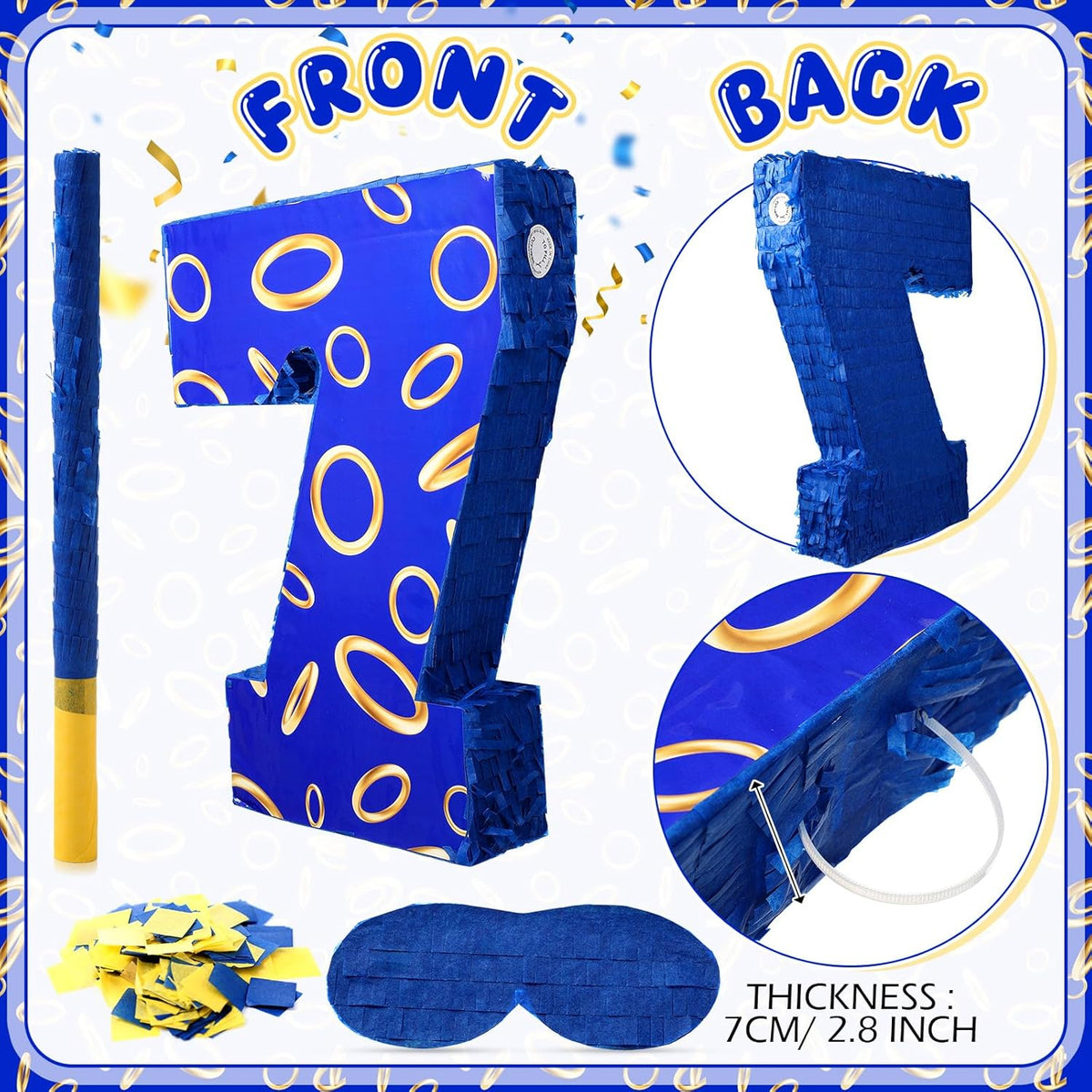 Number 7 Blue and Golden Rings Piñata for Kids Birthday Cartoon Theme Small Piñata with Blindfold