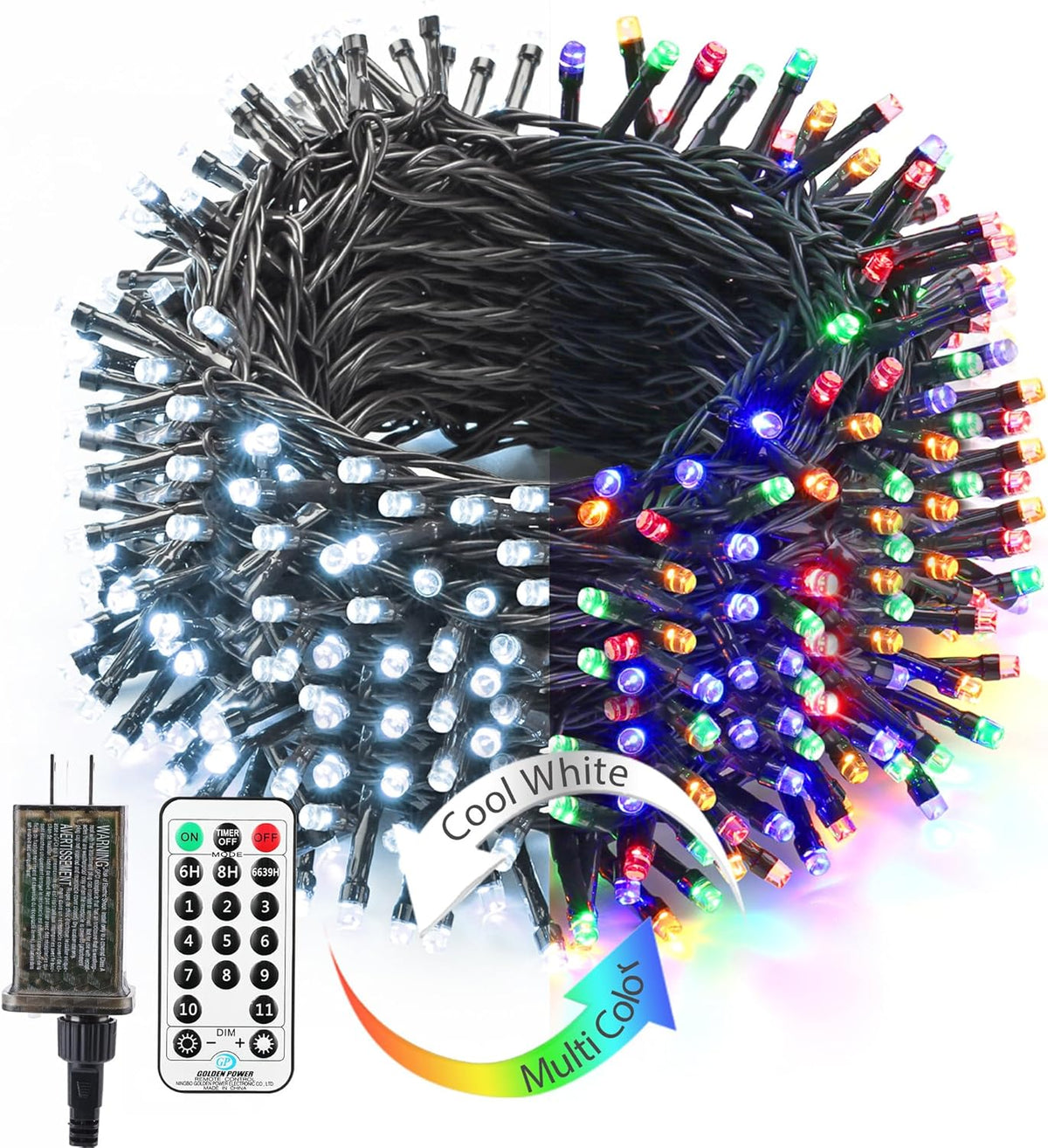 BrizLabs Color Changing Christmas Lights, 180ft 500 LED with Remote, 11 Modes Cool White & Colored
