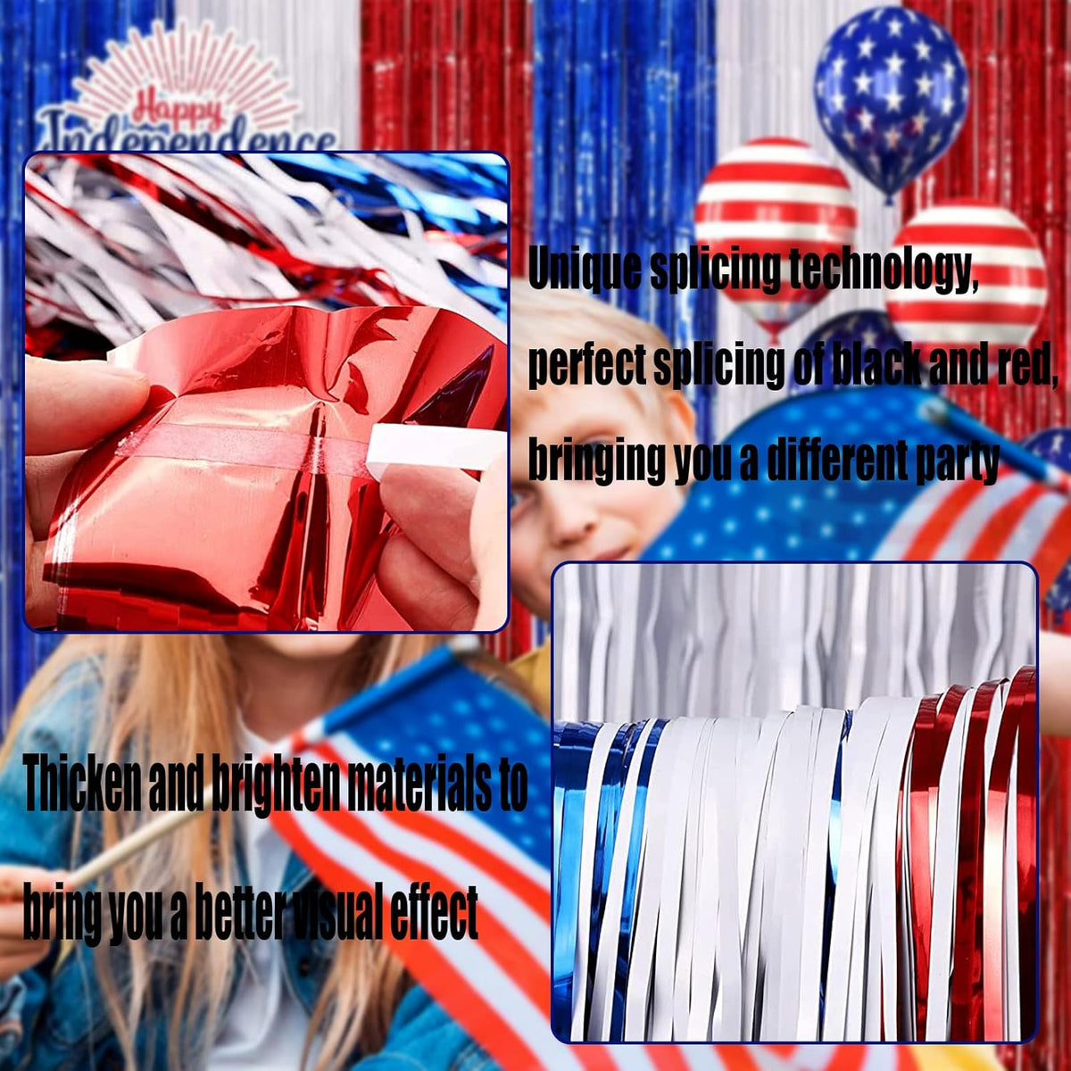 4 Pack Red Blue White Foil Fringe Curtain Backdrop, 3.28Ft x 8.2Ft Metallic Tinsel Foil Fringe