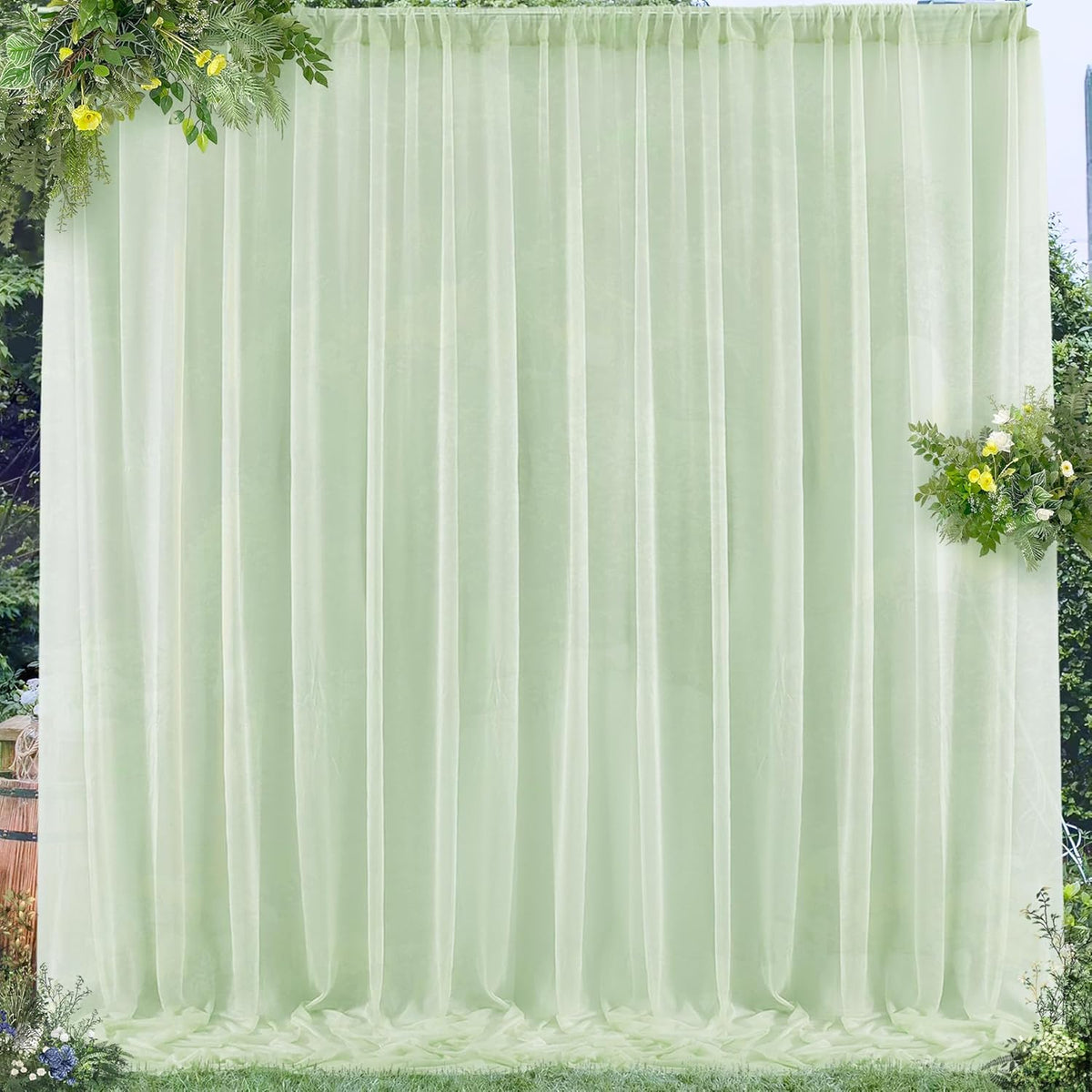 PARTISKY 10x7ft Sage Green Chiffon Backdrop Curtains, Wrinkle-Free Sheer Fabric Photo Drapes for