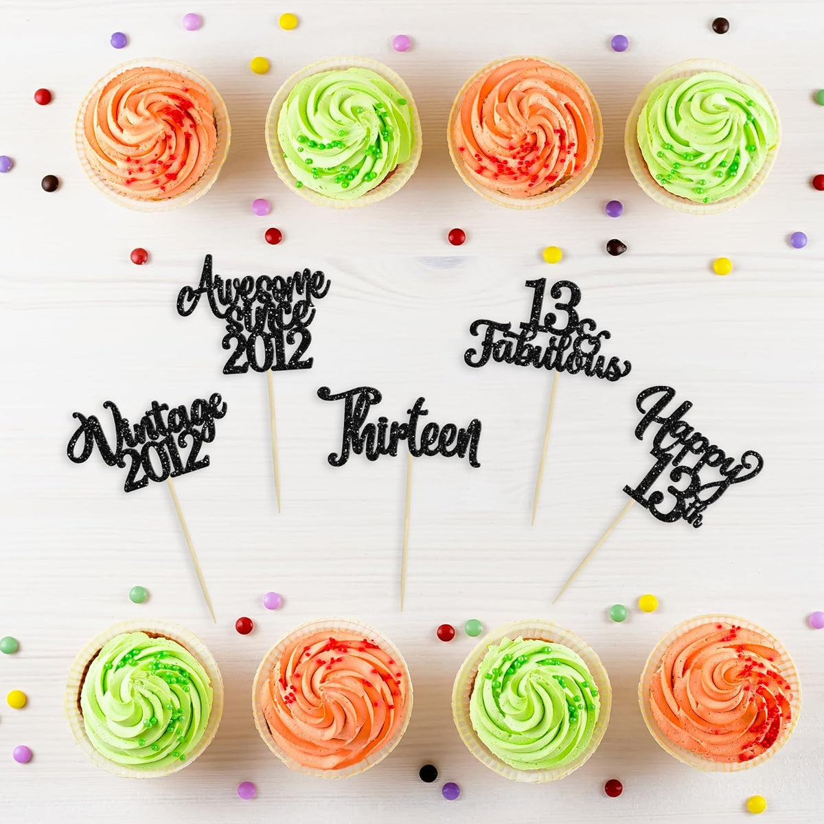 30Pcs Happy 13th Birthday Cupcake Toppers Glitter Thirteen Vintage 2012 Cupcake Picks Cheers to 13