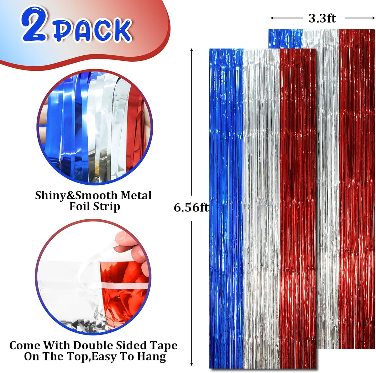 2 Pack Blue Red Silver Foil Fringe Backdrop Curtains, Tinsel Streamers Party Decorations, Fringe