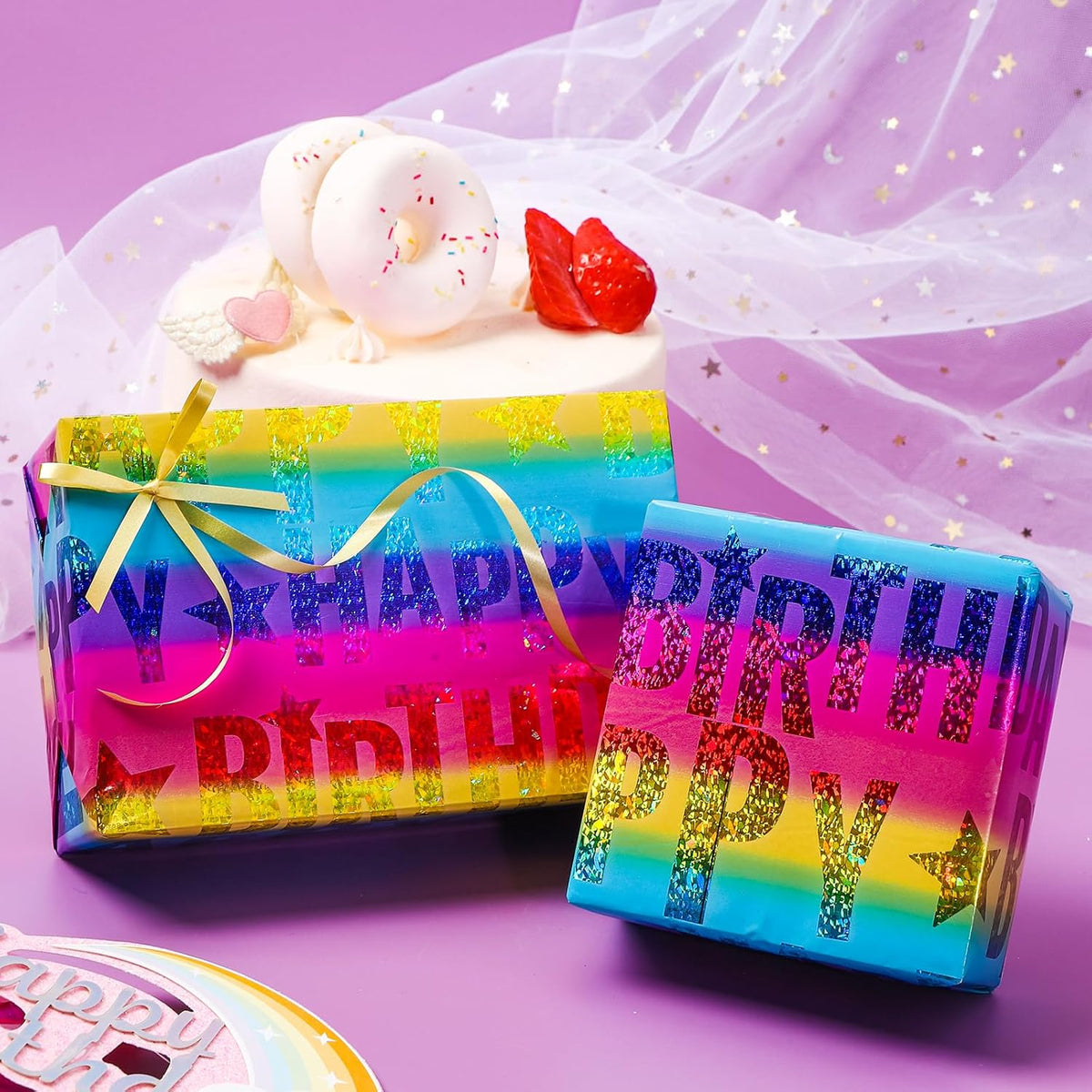 LeZakaa Holographic Birthday Wrapping Paper Roll, Happy Birthday Lettering with Colorful Stars