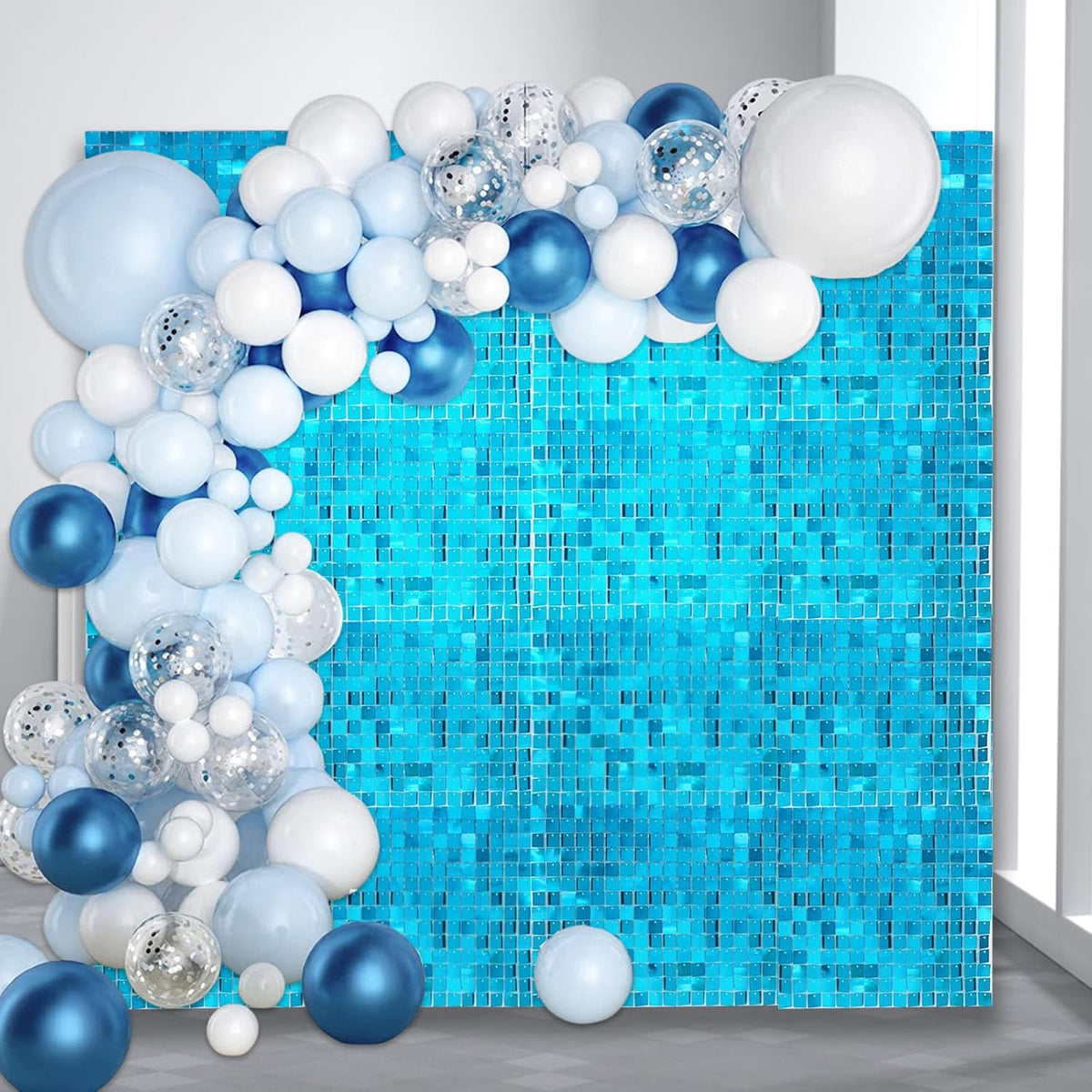 12PCS Lake Blue Shimmer Wall Backdrop, Square Sequin Photo Backdrops Panel, Glitter Wall Background