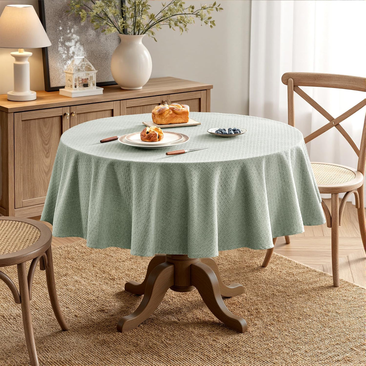 MIULEE Sage Green Linen Cottton Table Cloth Round Tablecloth Waterproof Spillproof Cross-Star