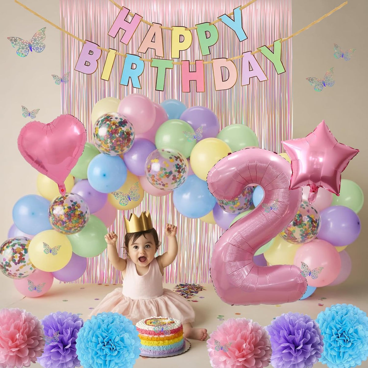Pastel 2nd Birthday Party Decorations for Girls Number 2 Balloon Happy Birthday Banner Butterfly