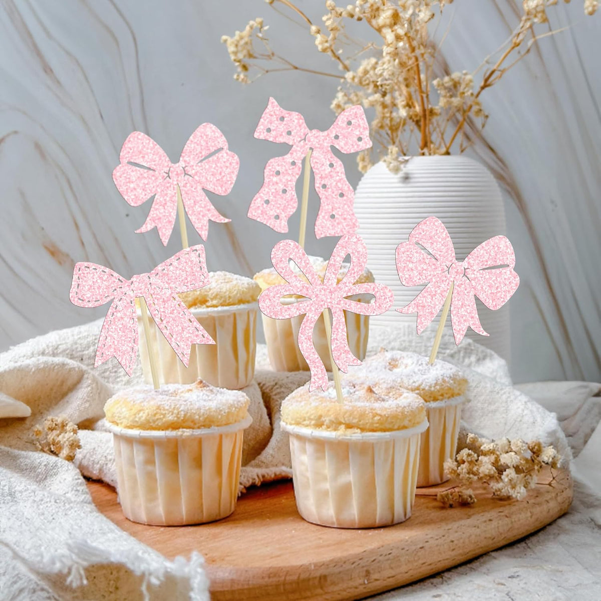 Ephlyn 24Pcs Light Pink Bow Cupcake Toppers - Bowknot Cupcake Decorations for Bridal, Baby Shower