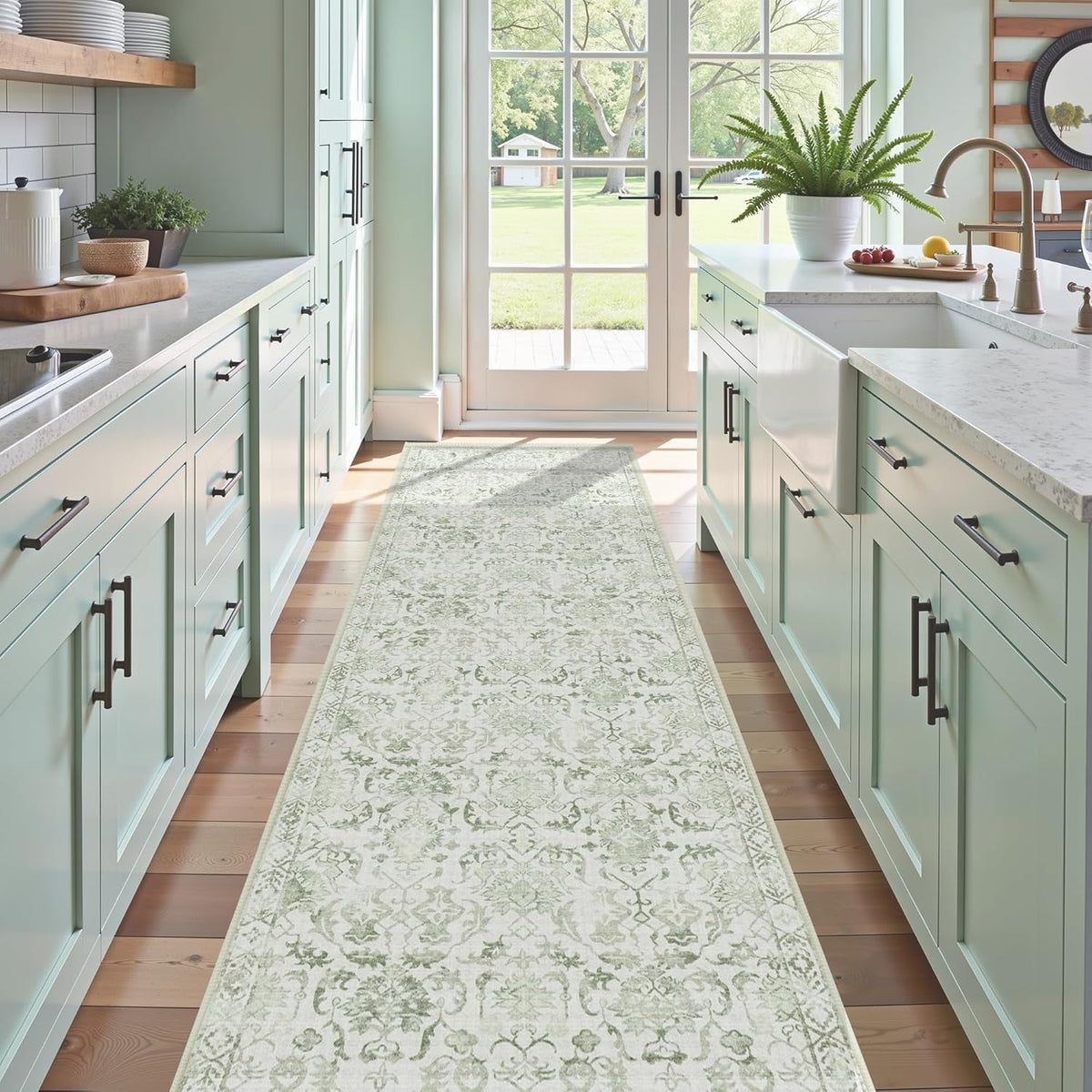 Sage 3x12 Runner Rug for Hallways Bed Side Kitchen, Boho Washable Distressed Low-Pile Floor