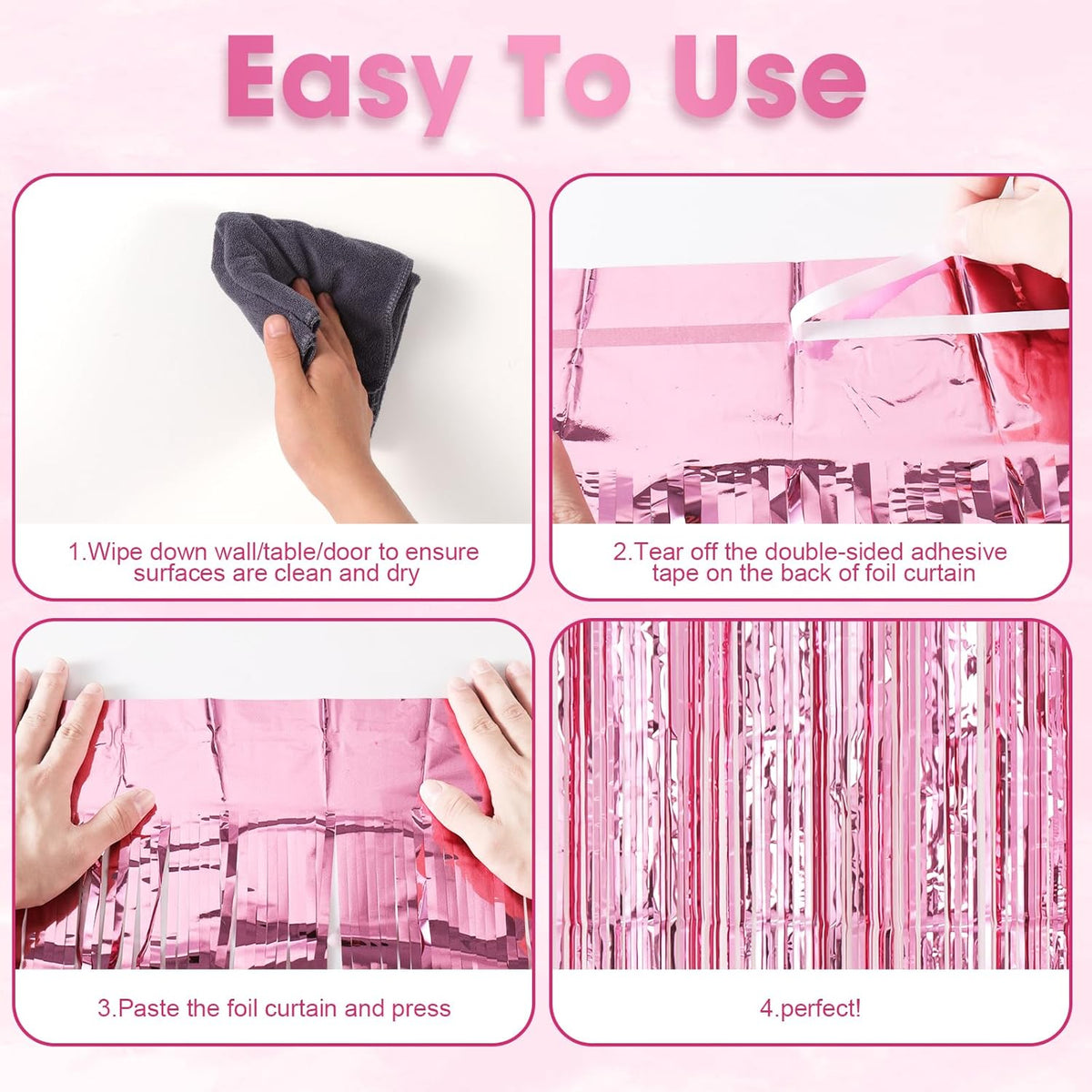 2 Pack Light Pink Foil Fringe Backdrop Curtains, Tinsel Streamers Birthday Party Decorations
