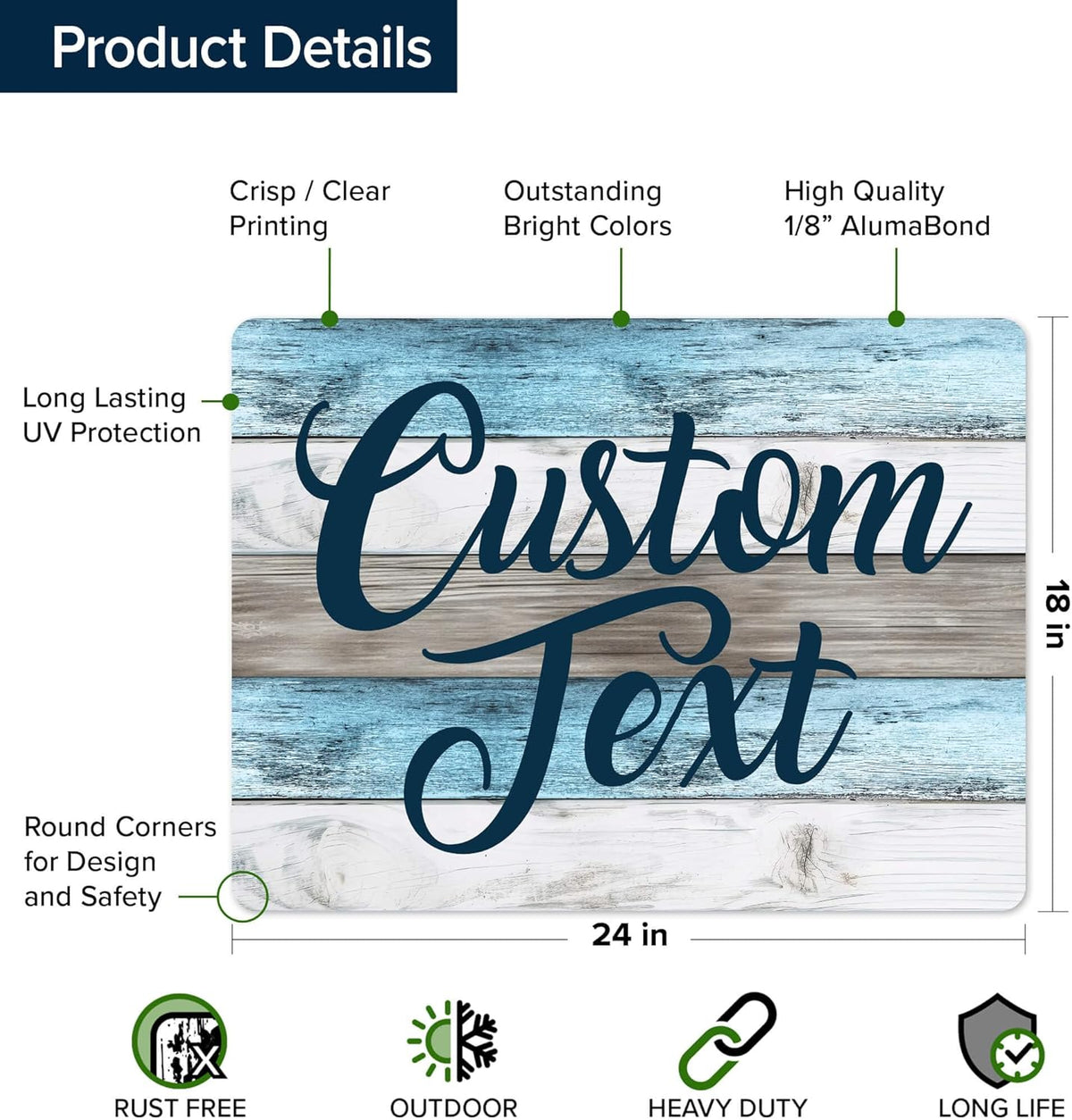Custom Sign, Custom Street Sign, 11 Font Colors, 13 Font Styles, 4 Hole Options, 22 Sizes, 18x24