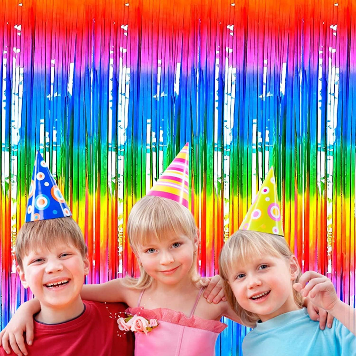 4 Pack Rainbow Tinsel Foil Fringe Curtain Backdrop, 3.28Ft x 8.2Ft Colorful Metallic Streamers for