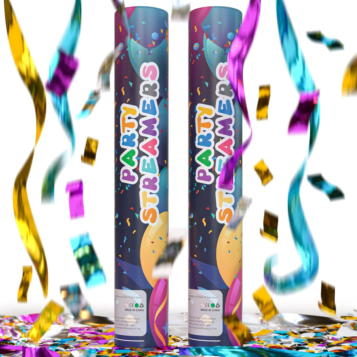 No Mess Streamer Confetti Cannon Party Poppers | 2 Pack | Multicolor Streamers | Glitter Bomb