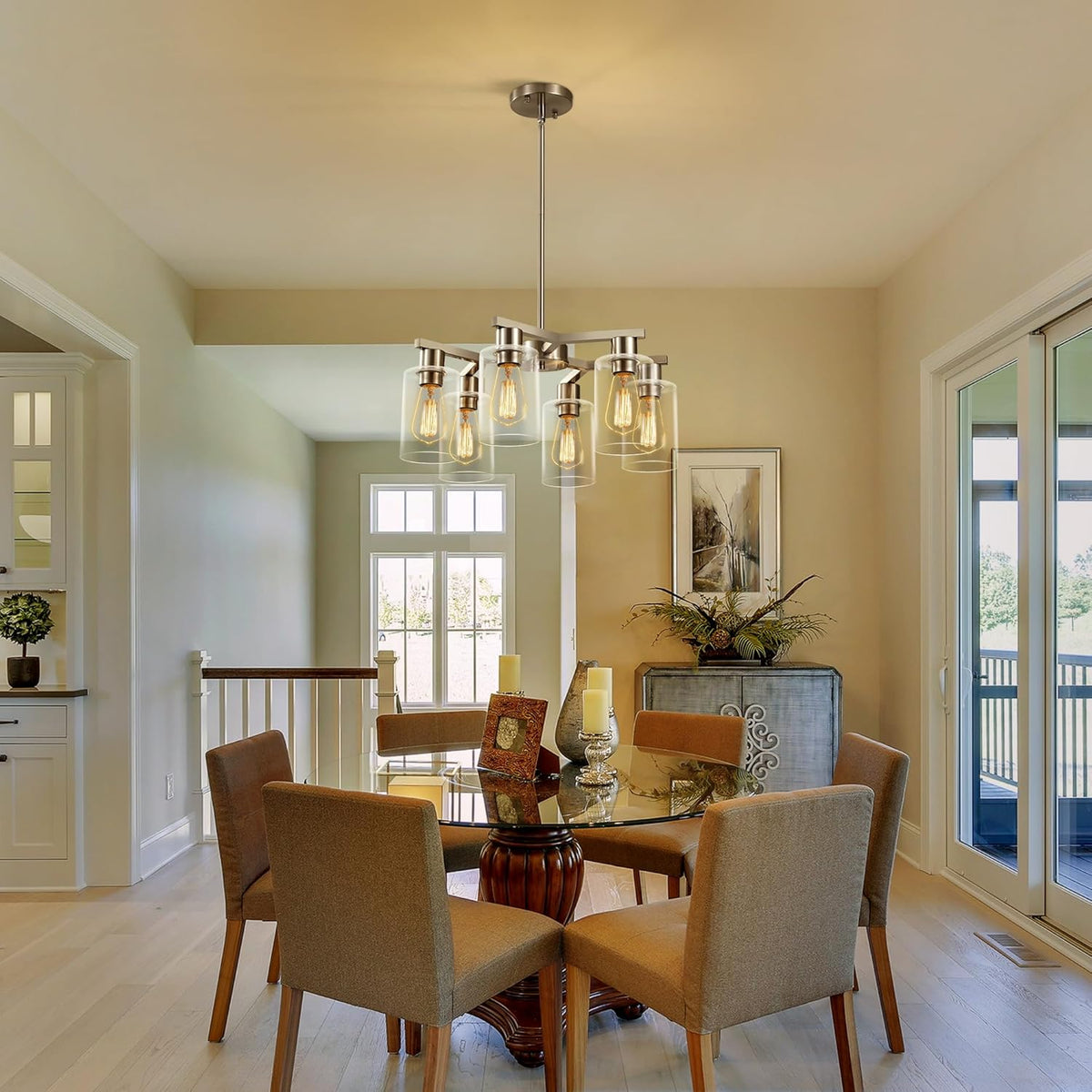 6-Light Modern Farmhouse Brushed Nickel Chandelier, Dining Room Light Fixture Over Table Adjustable