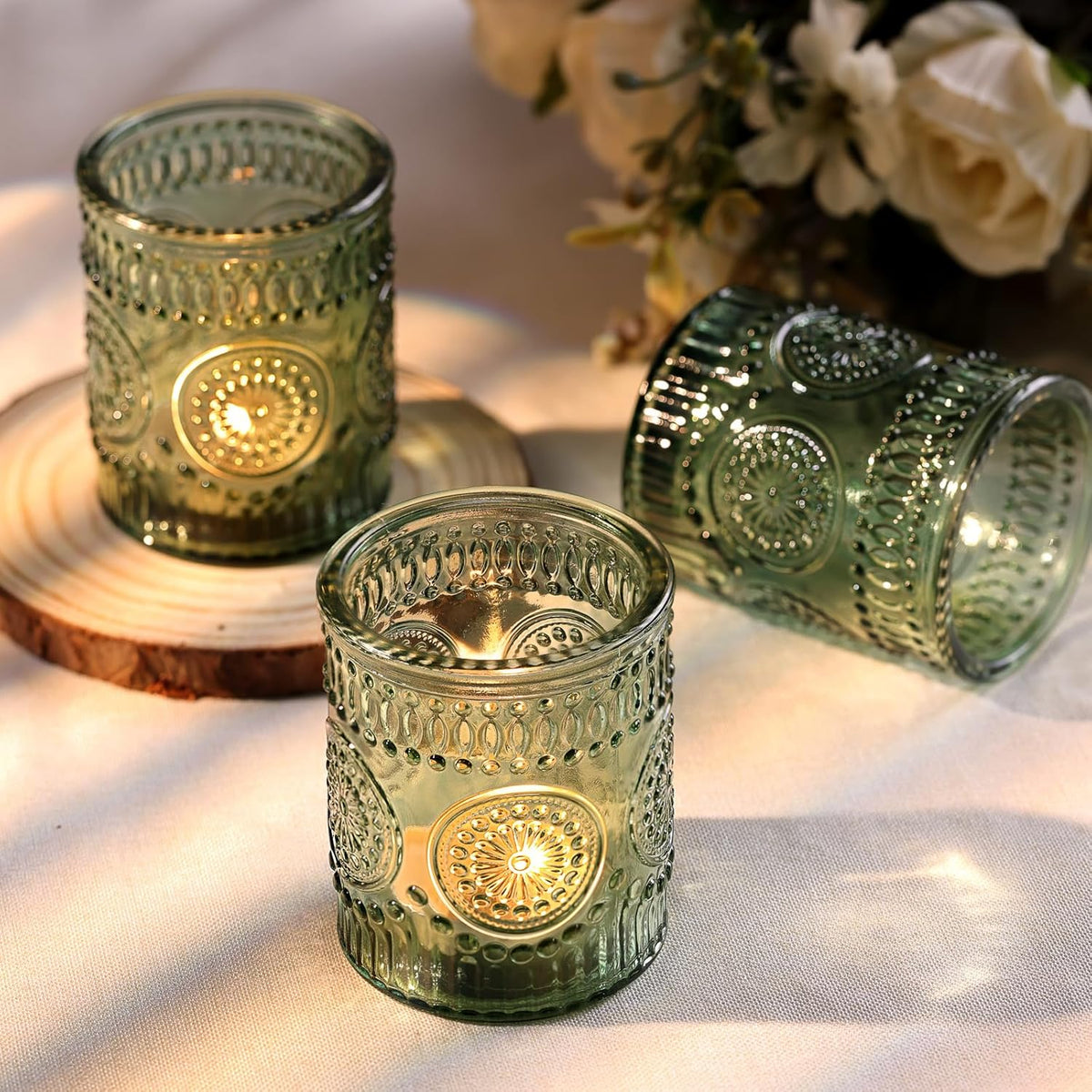 DARJEN Green Votive Candle Holders Set of 36- Glass Candle Holders Bulk for Flameless LED Tea