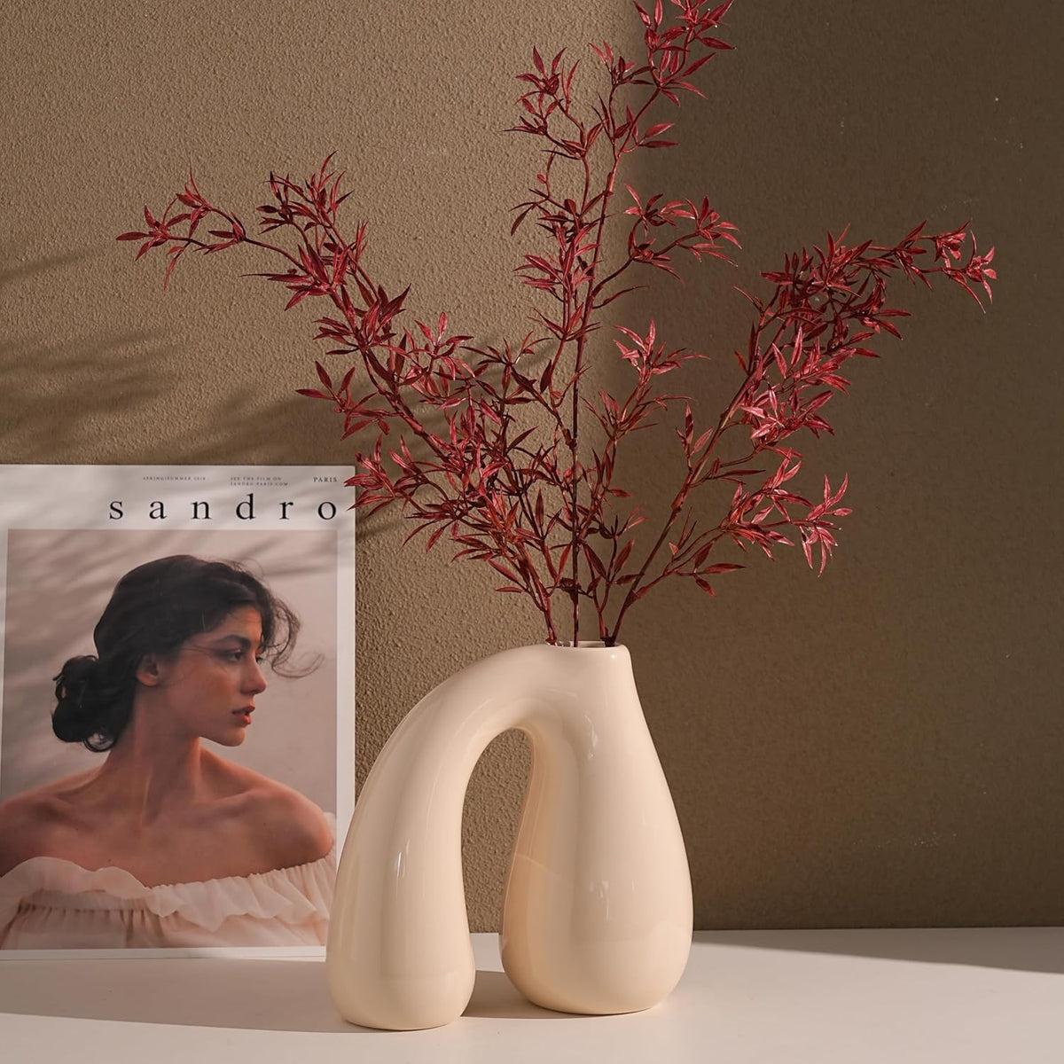 White (Ivory) Ceramic Vase – Glossy Modern Sculptural Décor, Arch Handle Artistic Design, Premium